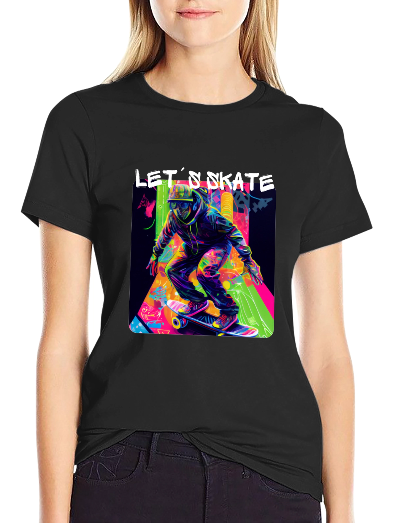 Lets Skate Graphic Tee - Black Cotton Skater T-Shirt