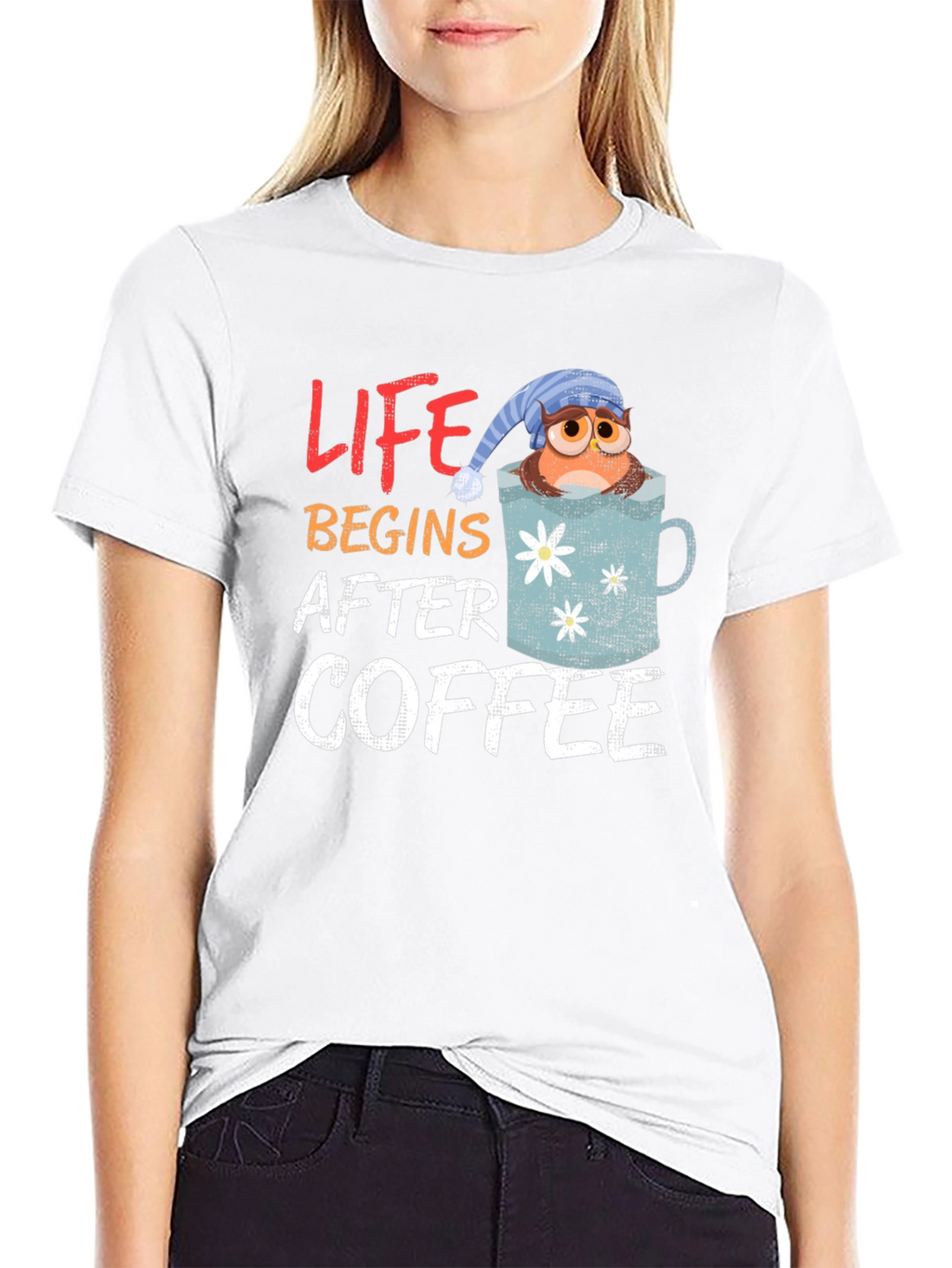 Life Begins After Coffee Owl Mug Graphic Tee