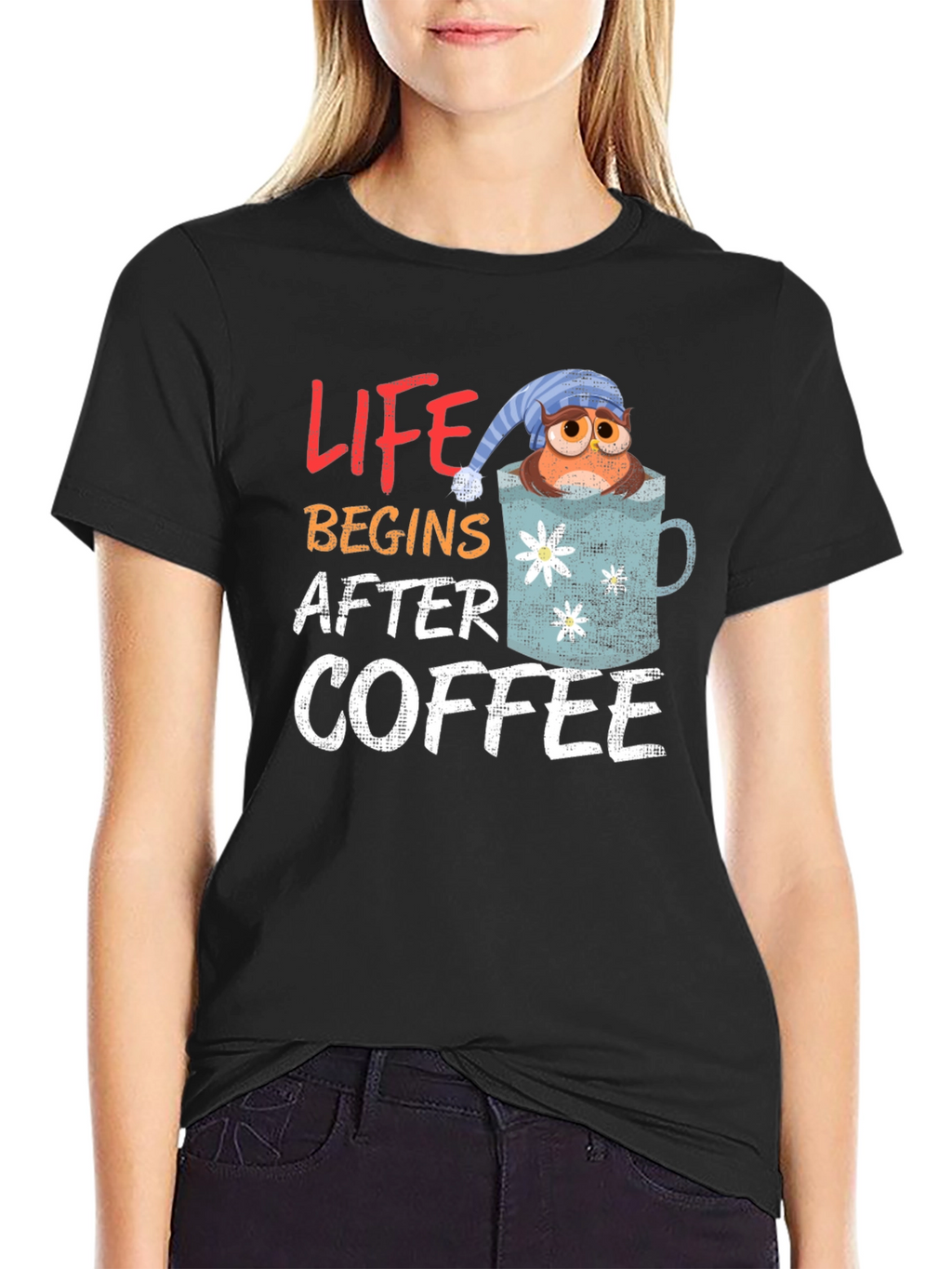 Life Begins After Coffee Owl Mug Graphic Tee