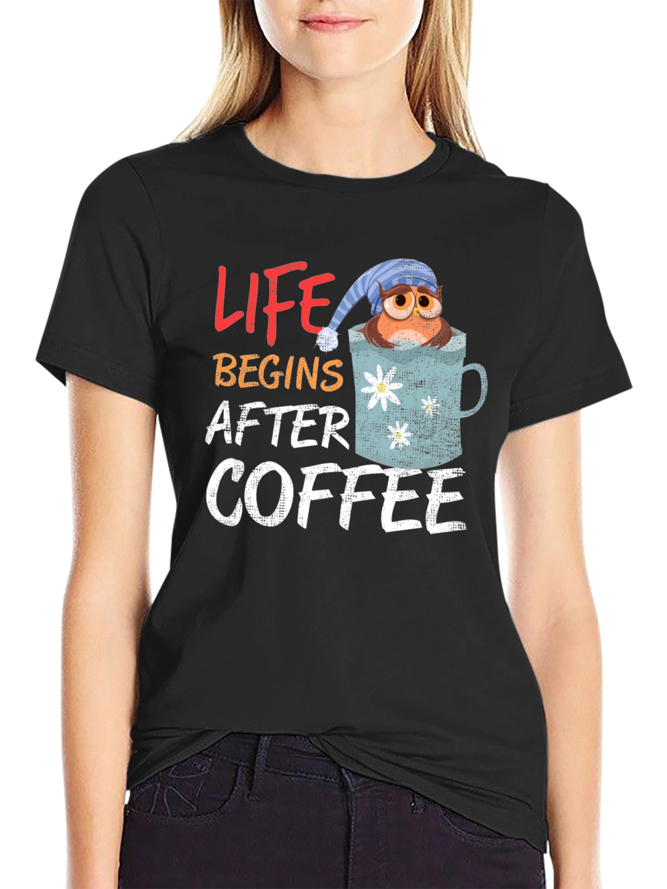 Life Begins After Coffee Owl Mug Graphic Tee