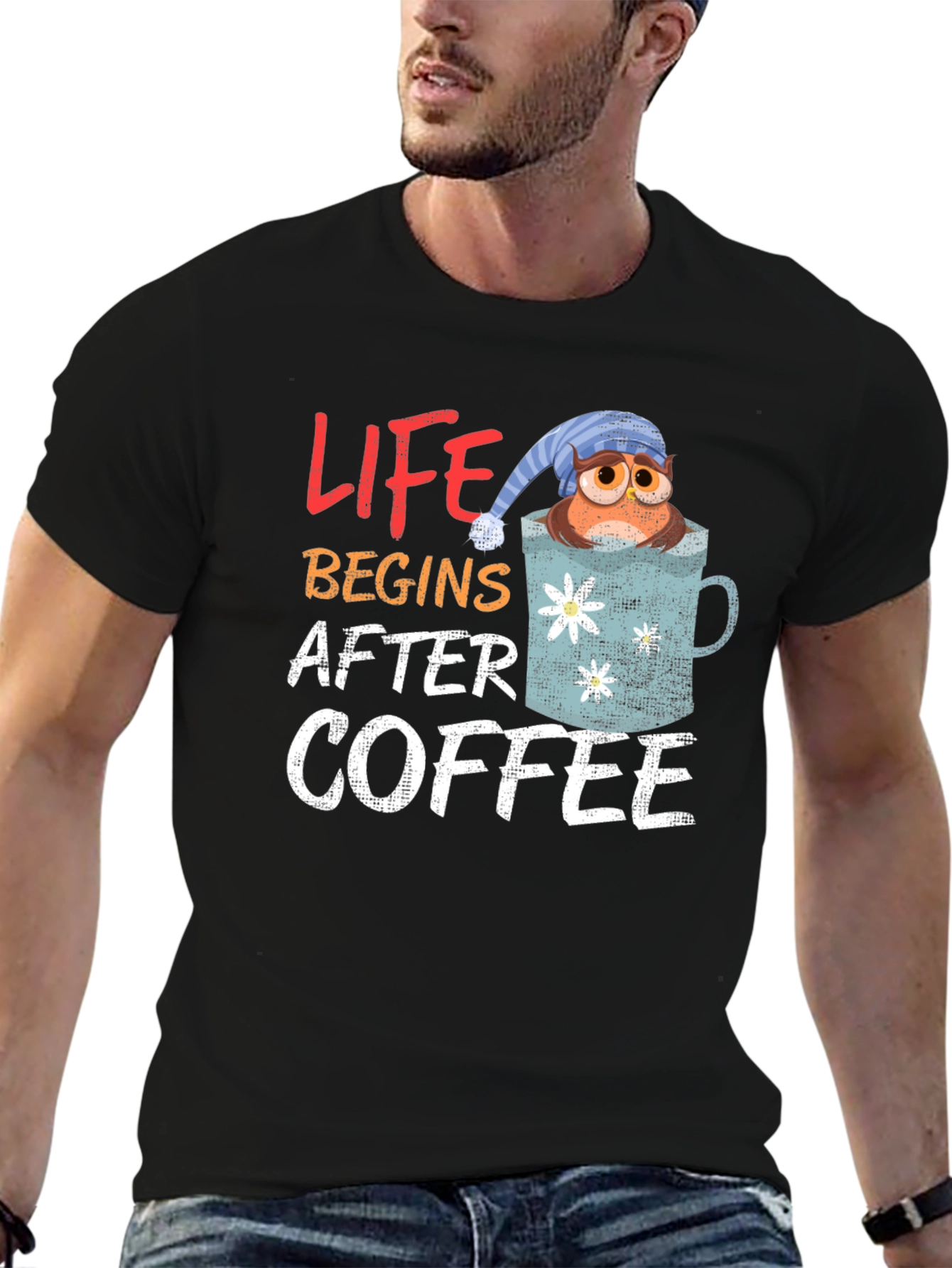 Life Begins After Coffee Owl Mug Graphic Tee