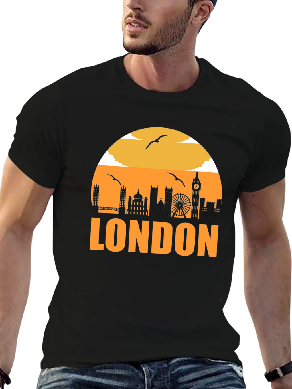 London Skyline Graphic Tee - Black Cotton T-Shirt
