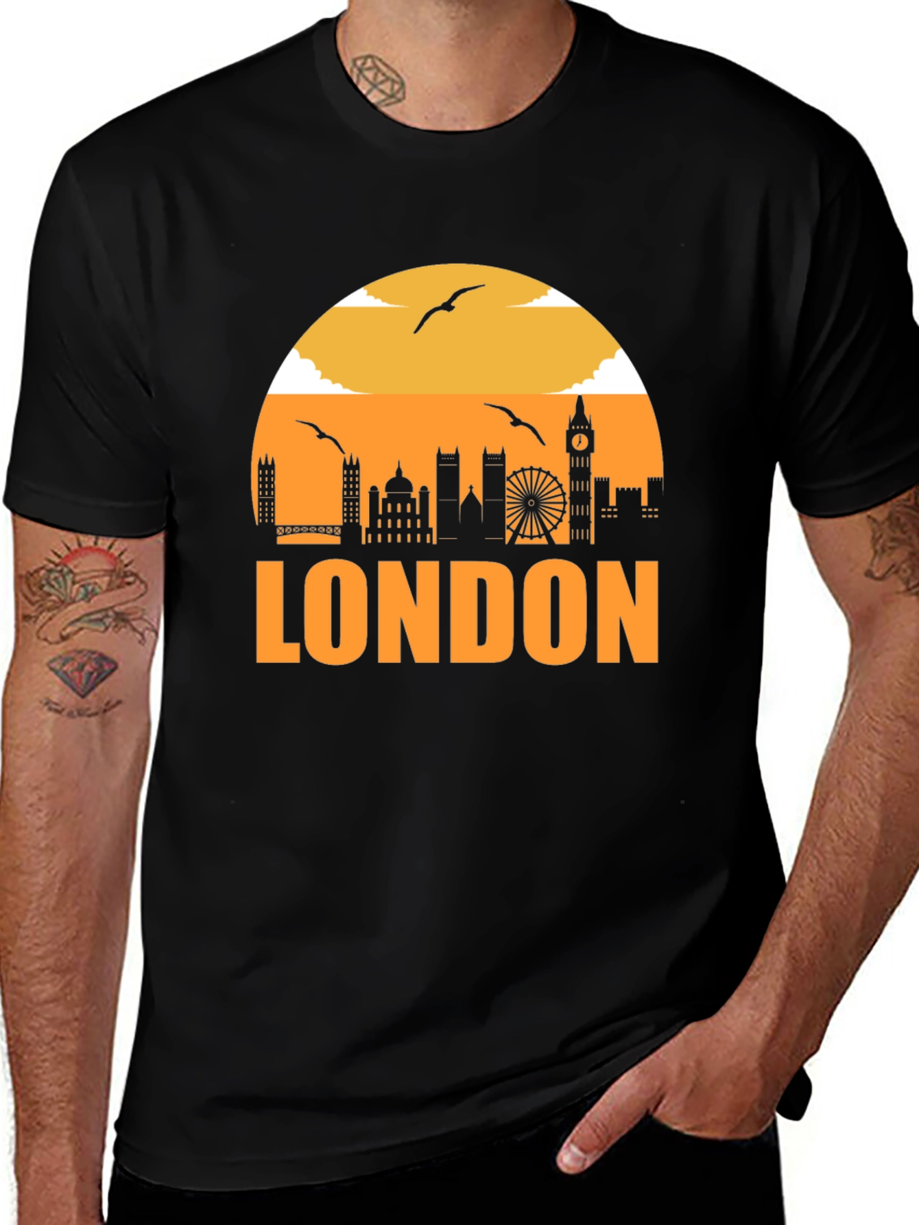 London Skyline Graphic Tee - Black Cotton T-Shirt