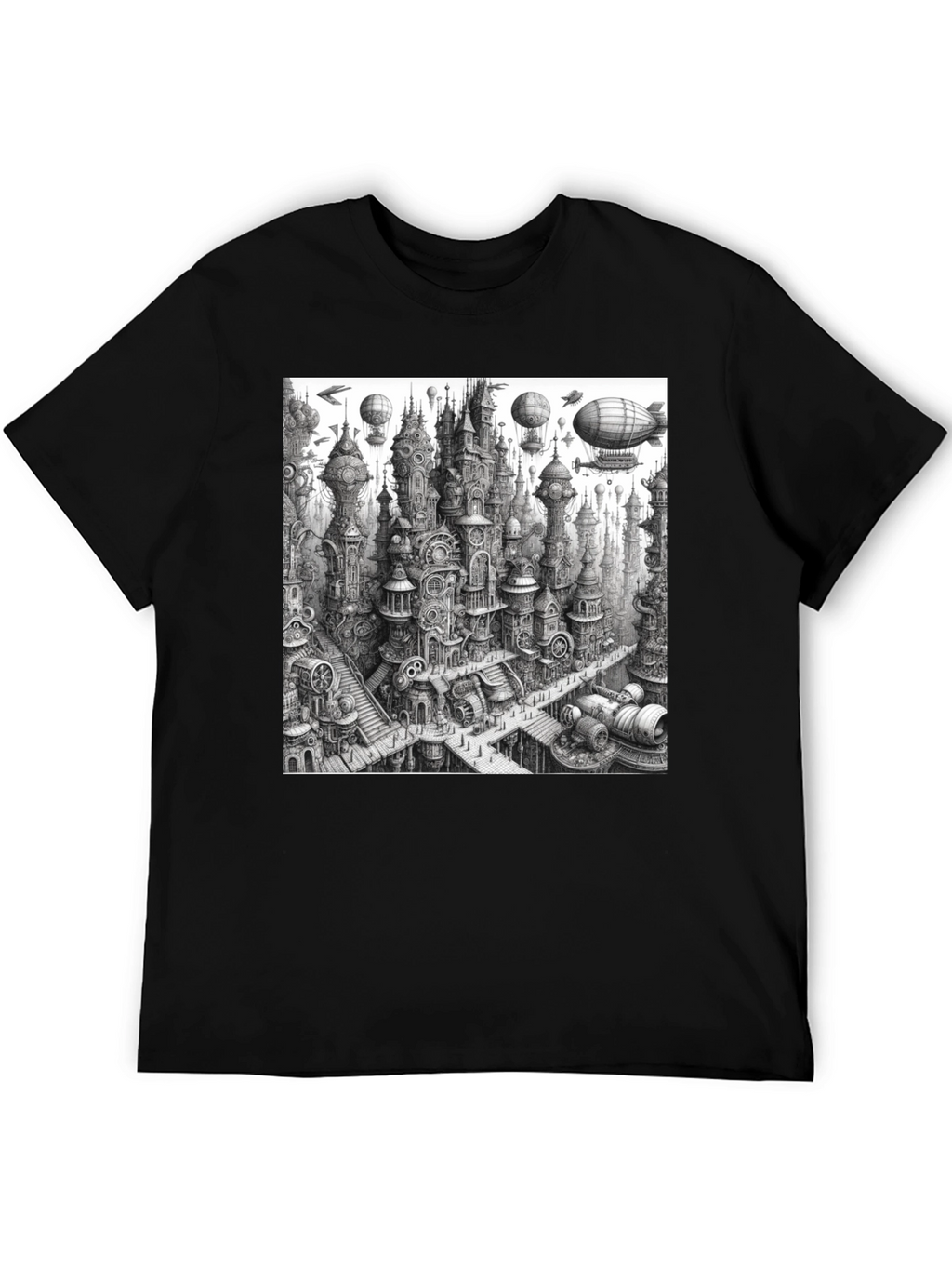 Steampunk City Black Tee - Unique Graphic Design