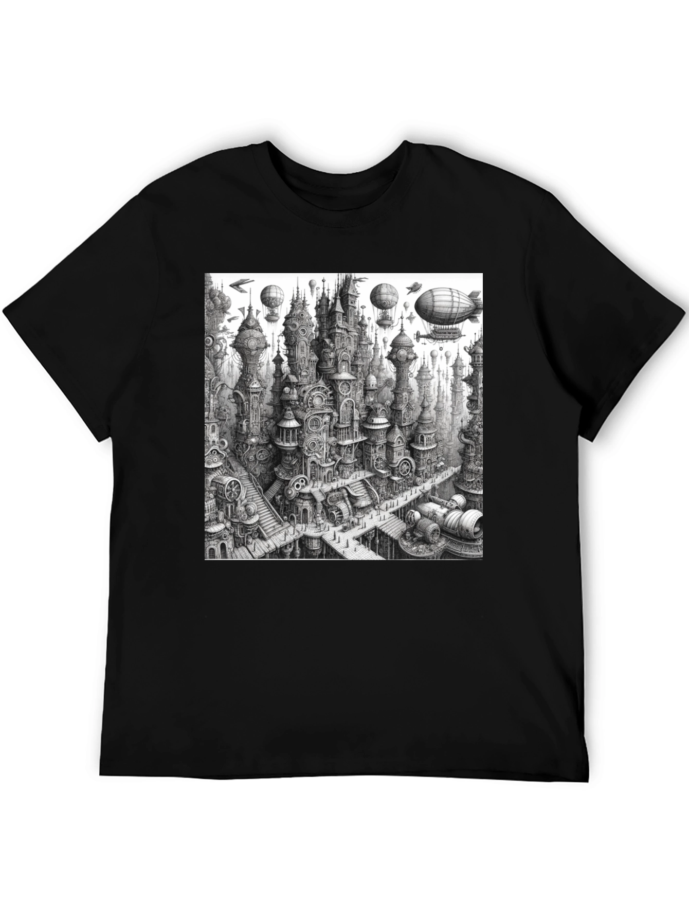 Steampunk City Black Tee - Unique Graphic Design