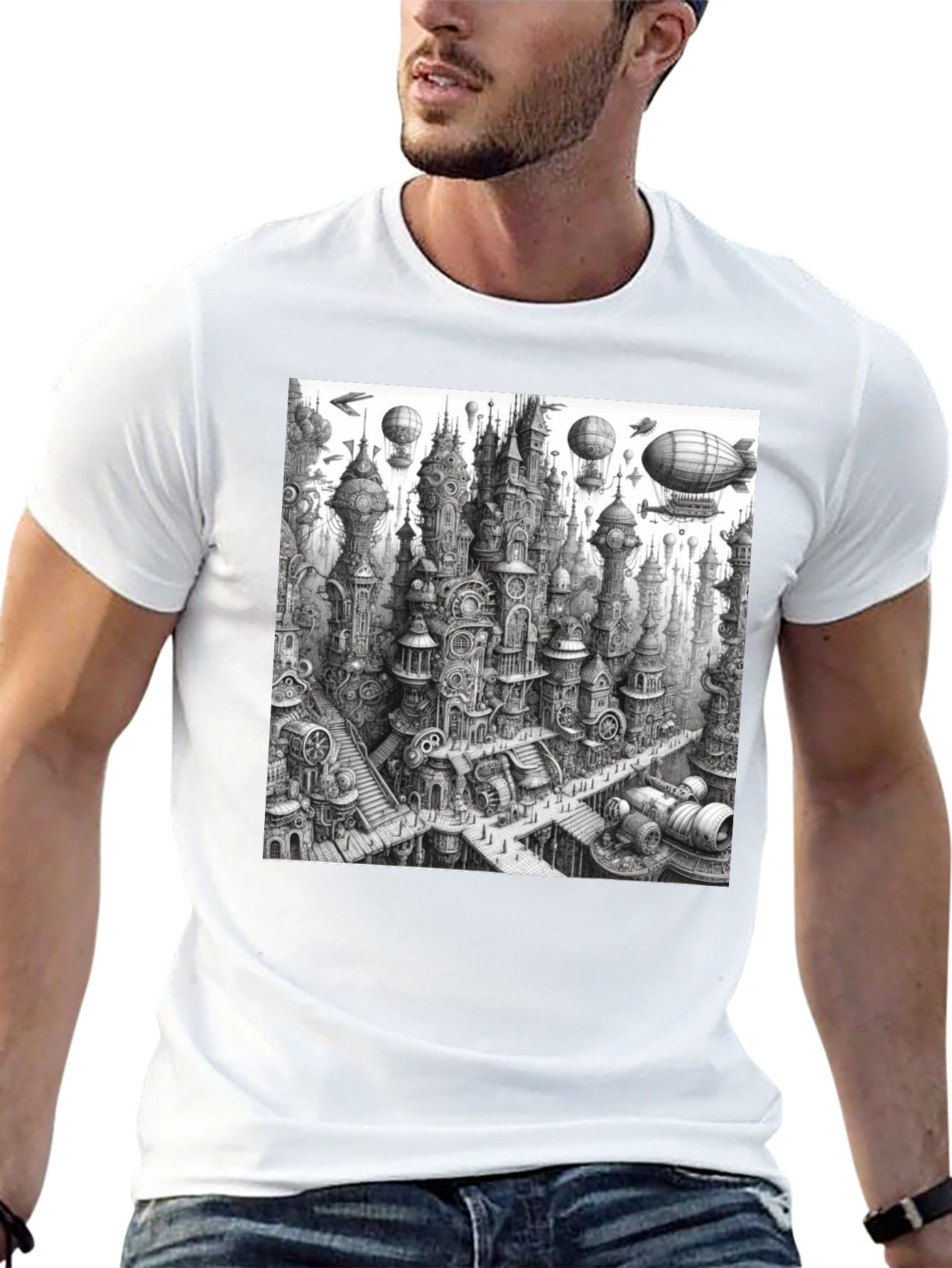 Steampunk City Black Tee - Unique Graphic Design