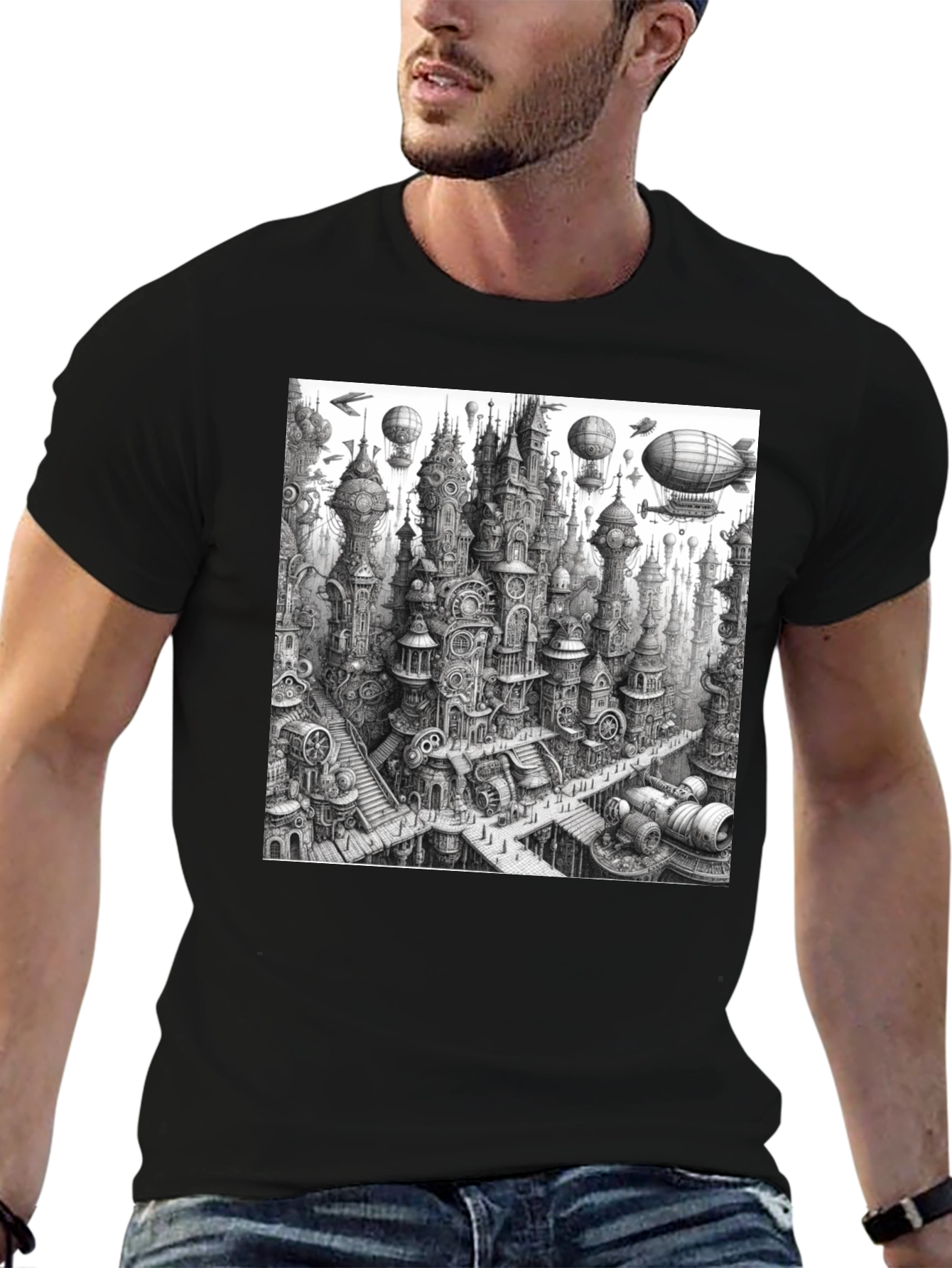 Steampunk City Black Tee - Unique Graphic Design