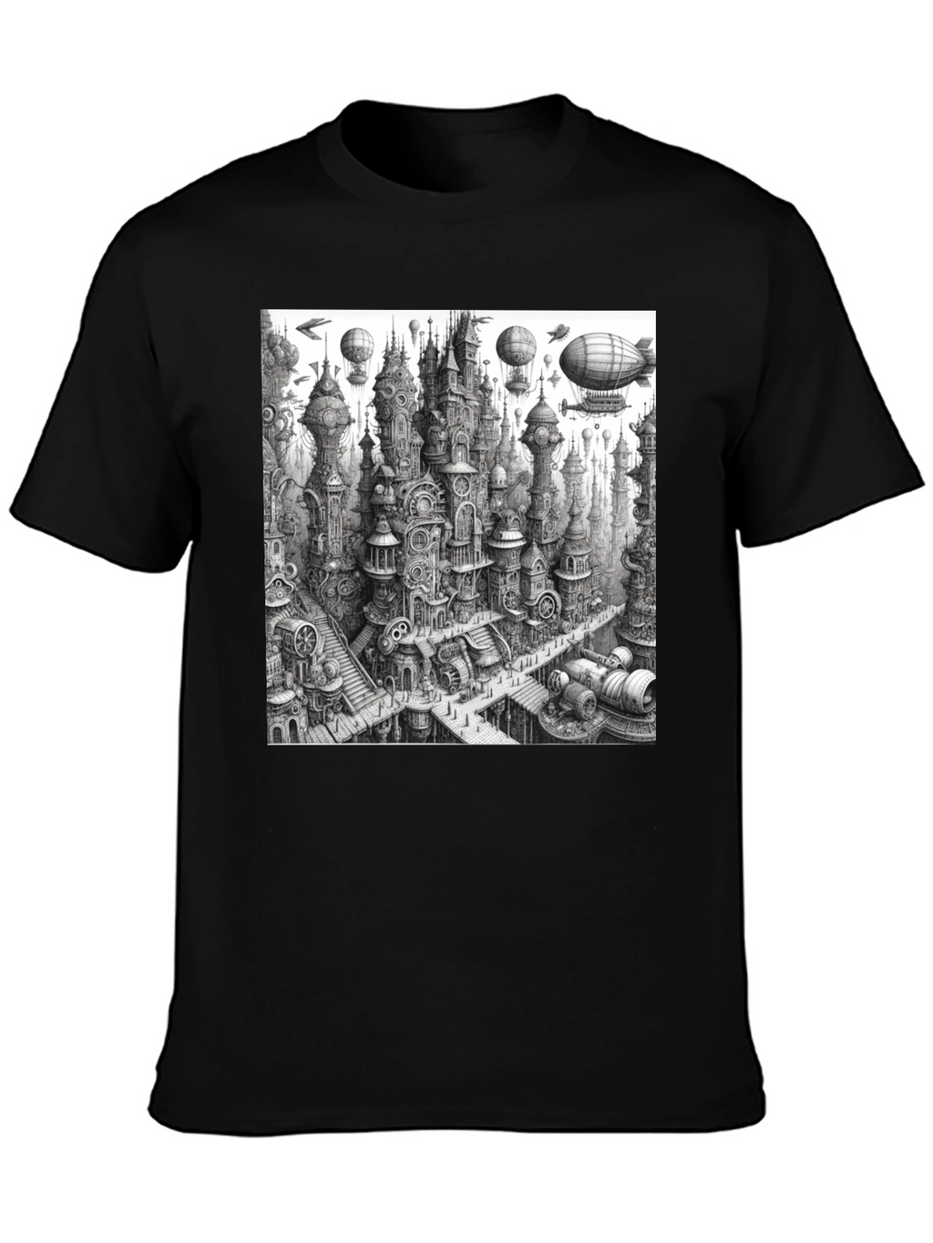 Steampunk City Black Tee - Unique Graphic Design