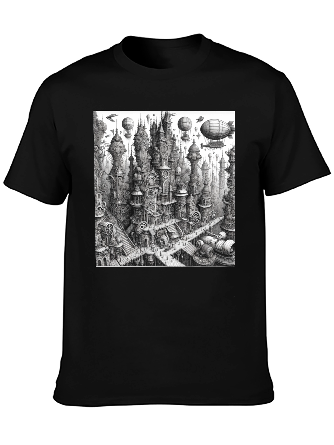 Steampunk City Black Tee - Unique Graphic Design