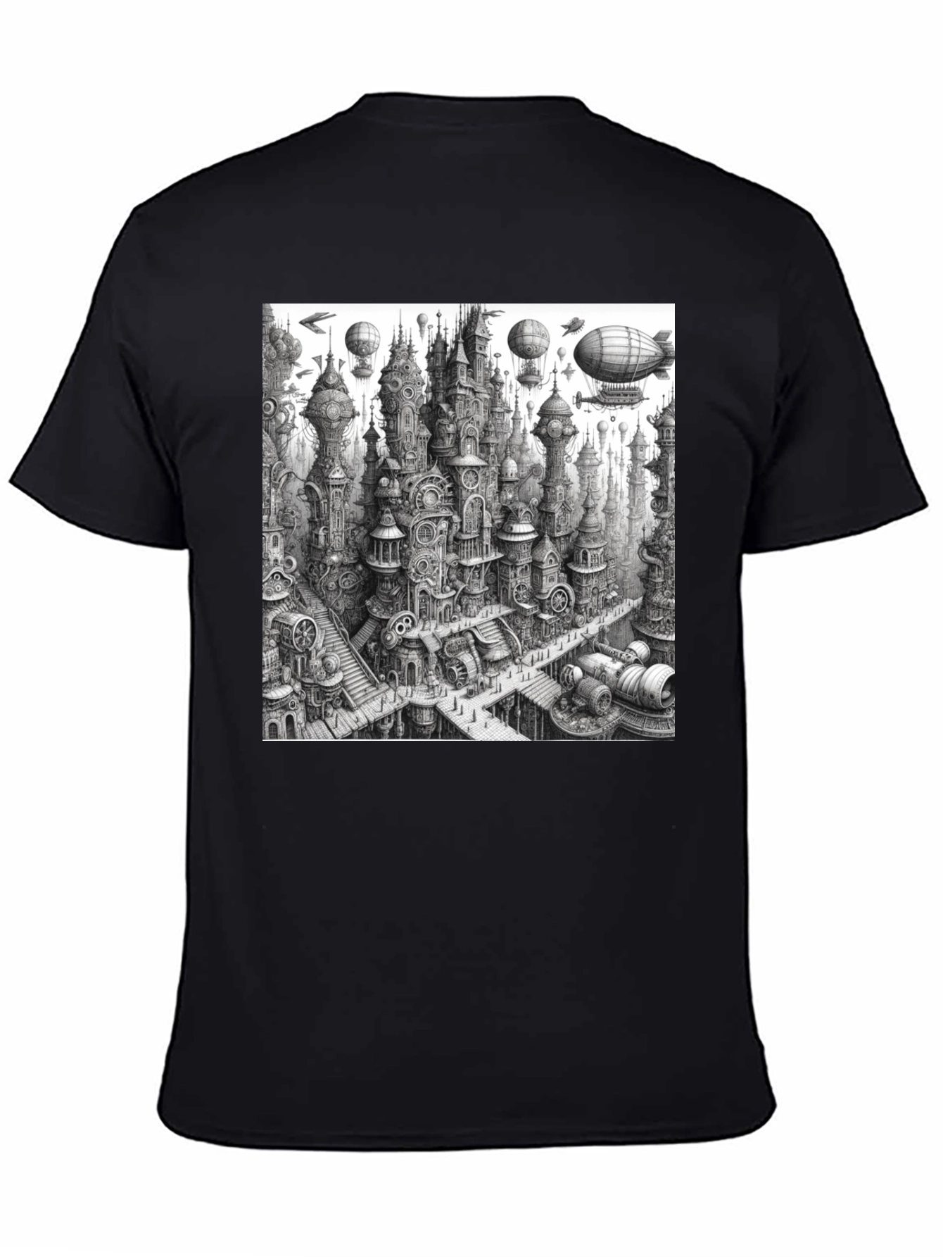 Steampunk City Black Tee - Unique Graphic Design