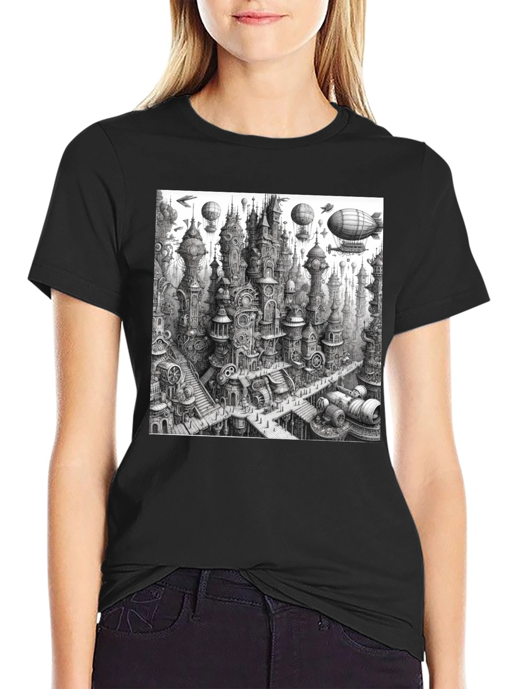 Steampunk City Black Tee - Unique Graphic Design