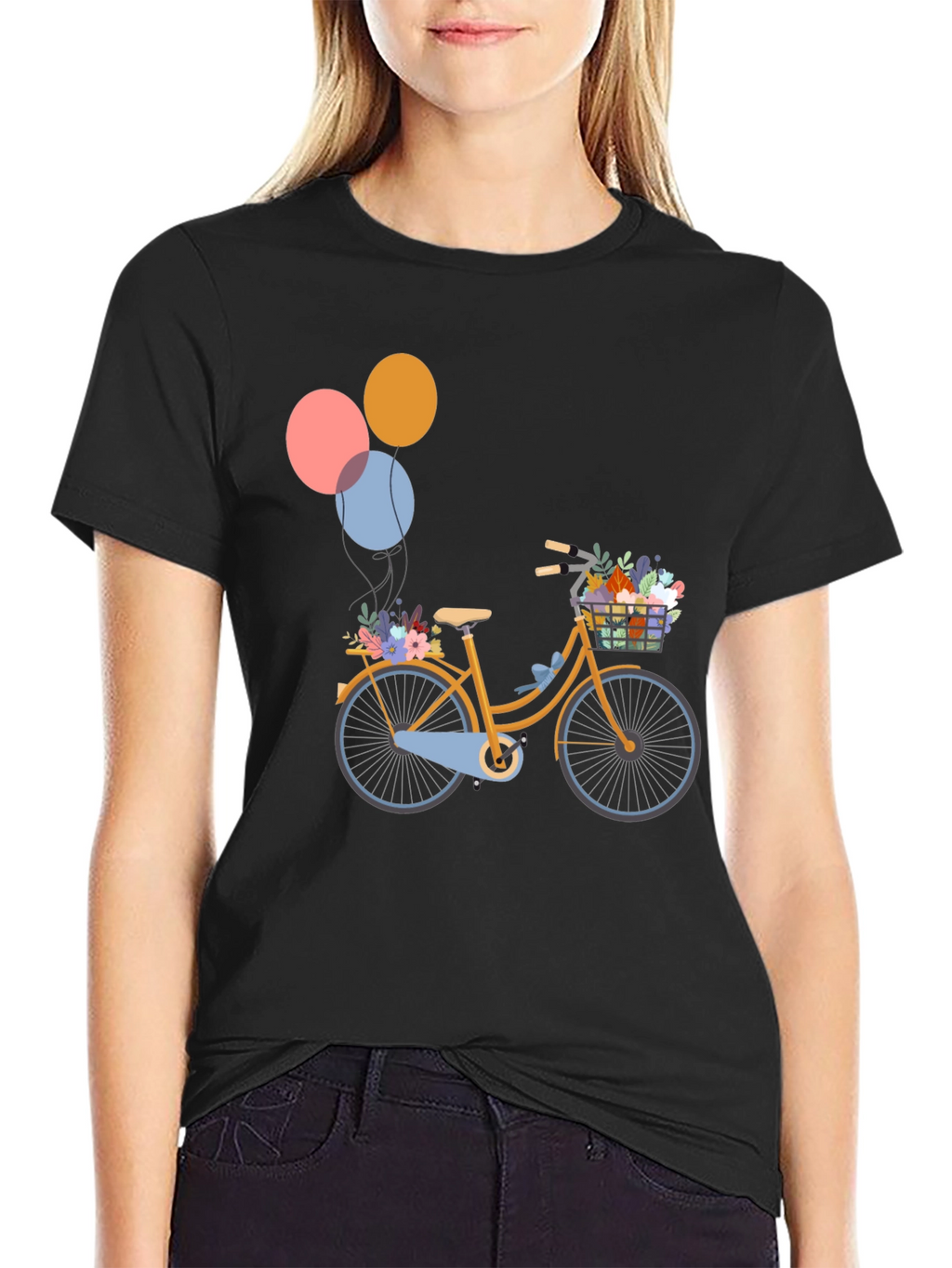 Black T-Shirt with Bicycle & Balloons Graphic