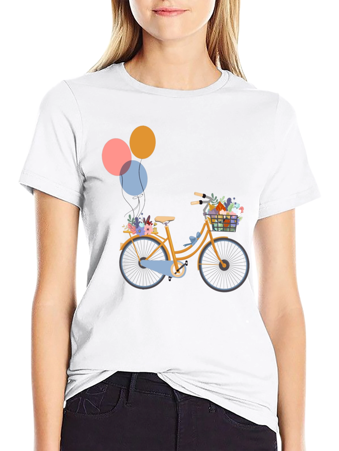 Black T-Shirt with Bicycle & Balloons Graphic