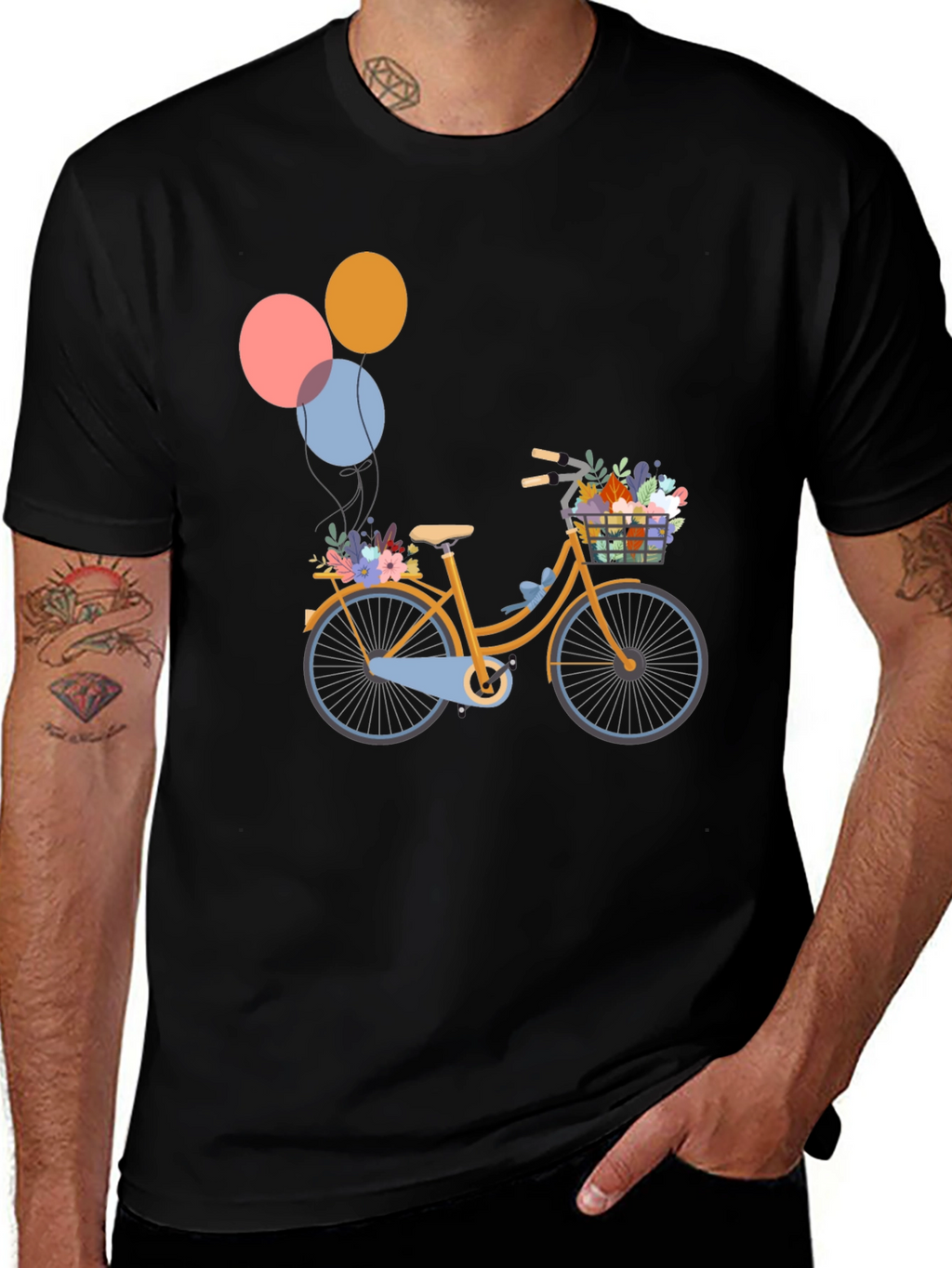 Black T-Shirt with Bicycle & Balloons Graphic