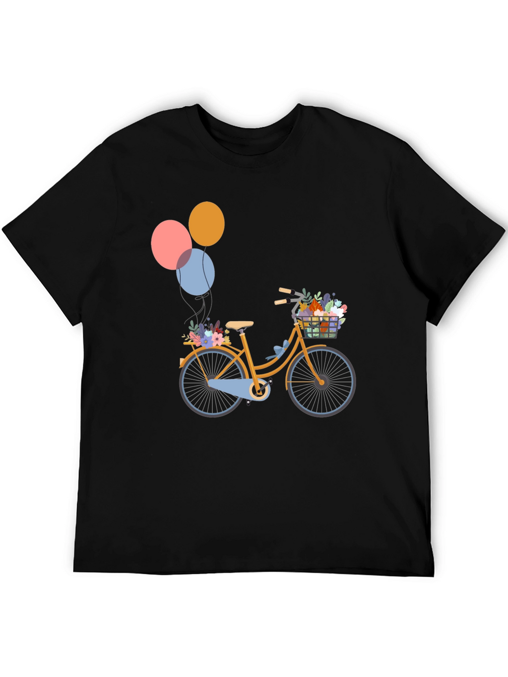 Black T-Shirt with Bicycle & Balloons Graphic