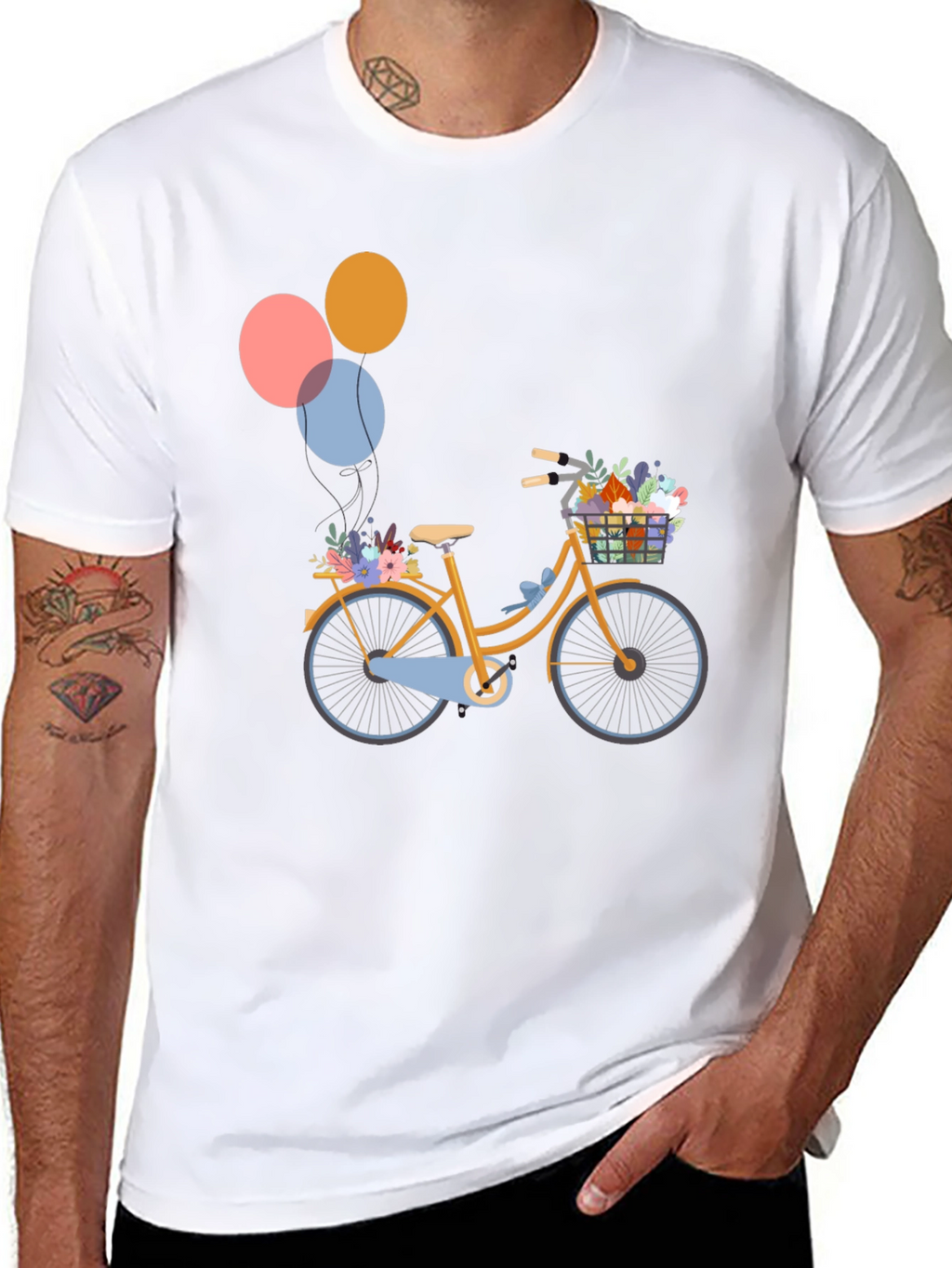 Black T-Shirt with Bicycle & Balloons Graphic