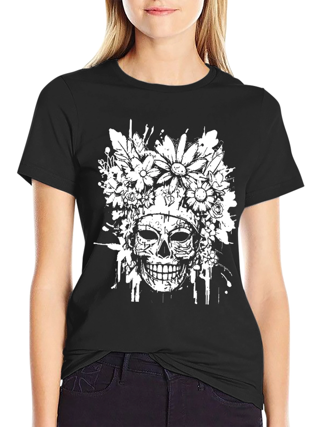 Floral Skull Graphic T-Shirt - Black