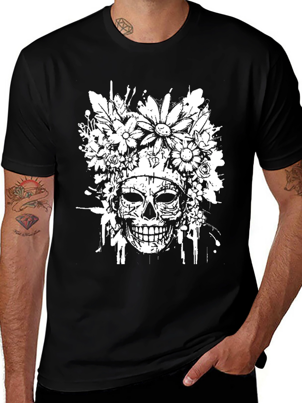 Floral Skull Graphic T-Shirt - Black