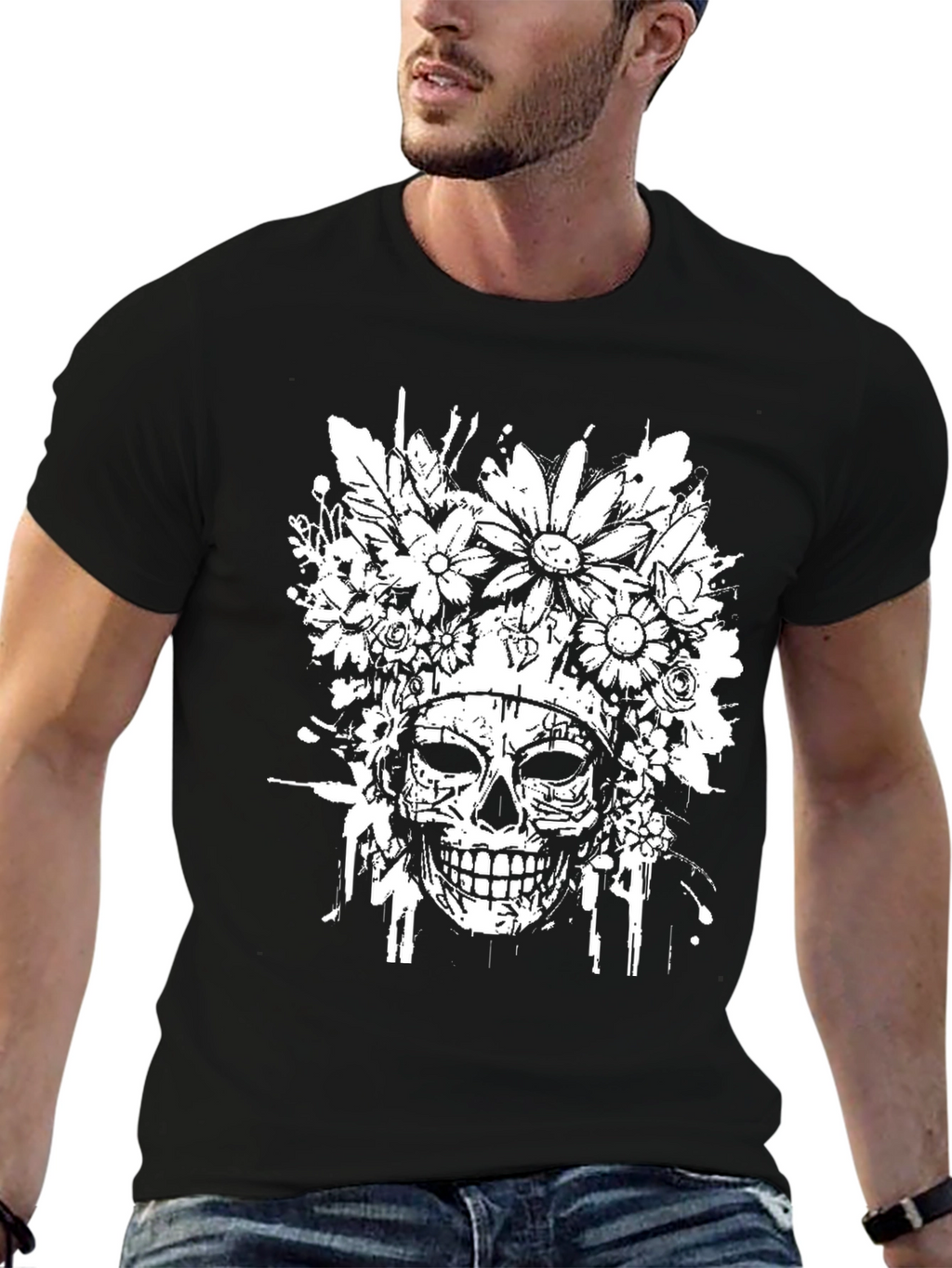 Floral Skull Graphic T-Shirt - Black