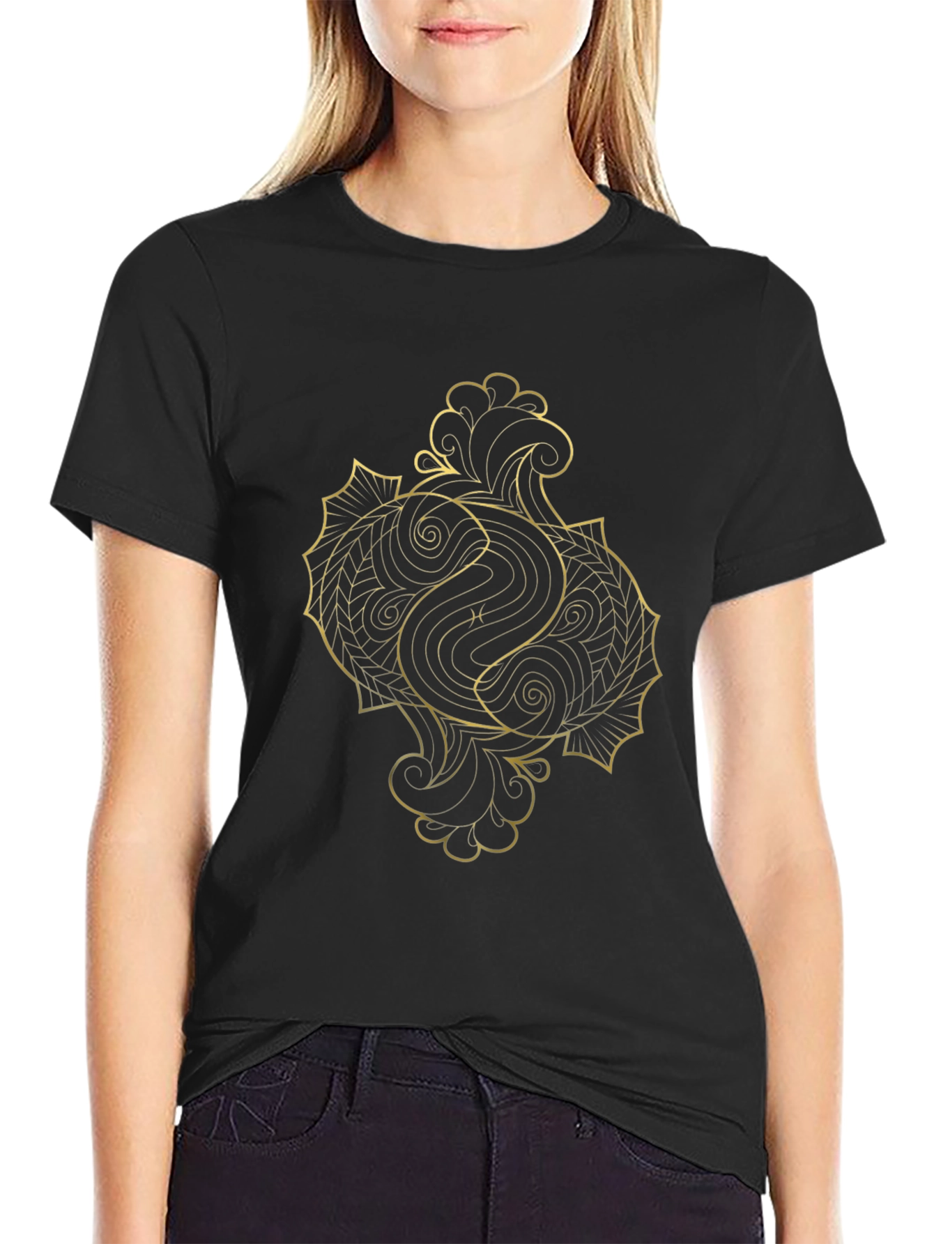 Golden Pisces Graphic Tee - Black Cotton Comfort