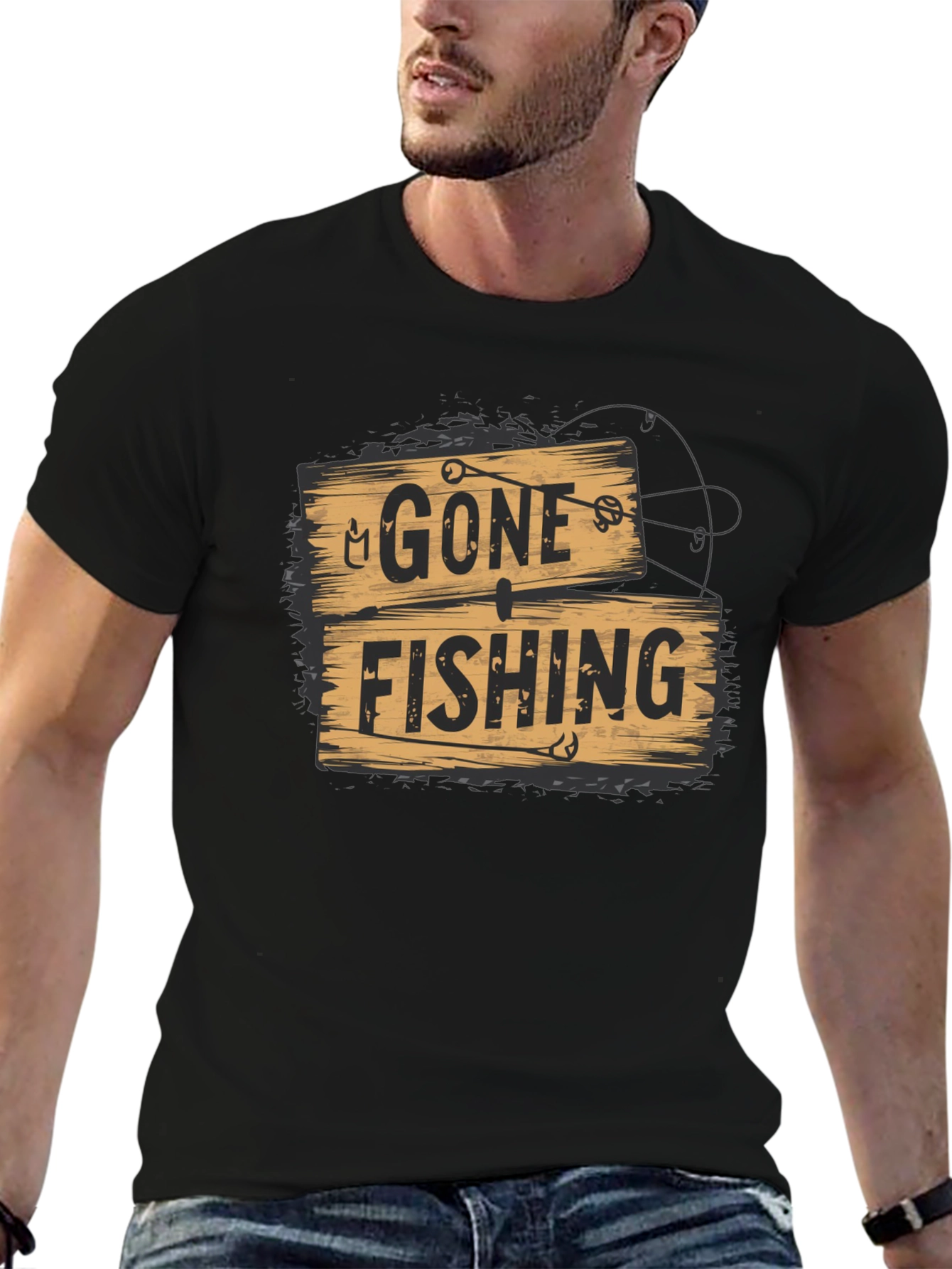 Gone Fishing Graphic Tee - Black Casual T-Shirt