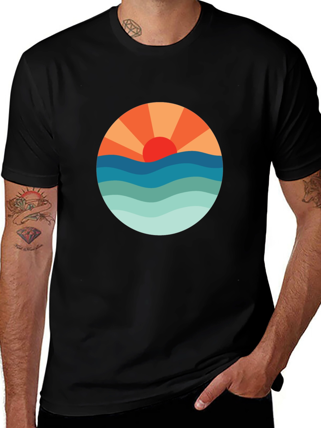 Sunset Waves Graphic Tee - Black Cotton Blend