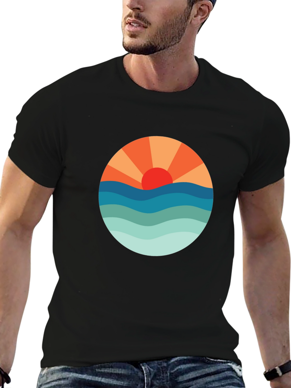 Sunset Waves Graphic Tee - Black Cotton Blend