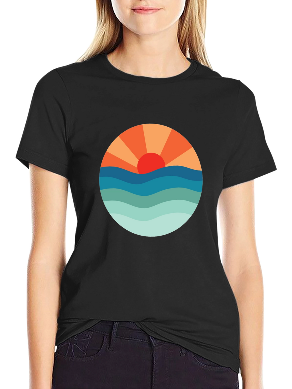Sunset Waves Graphic Tee - Black Cotton Blend