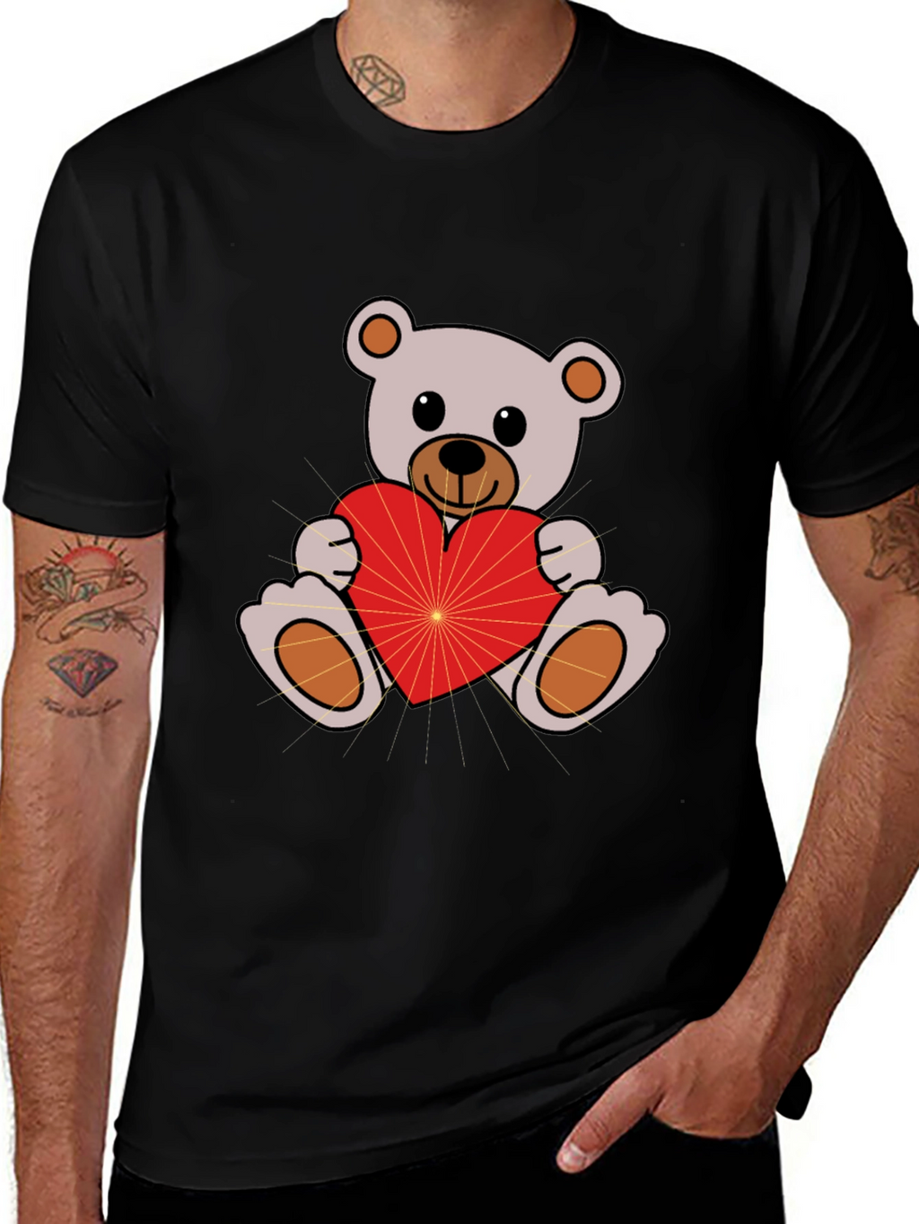 Cute Teddy Bear Holding Heart Black T-Shirt