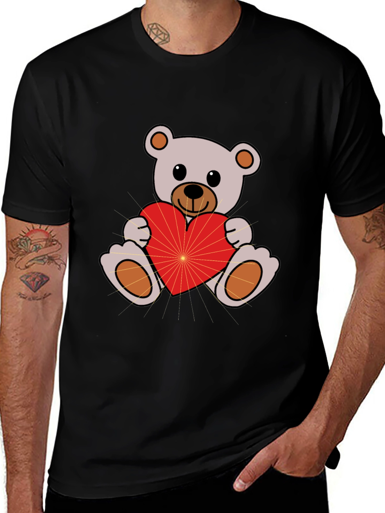 Cute Teddy Bear Holding Heart Black T-Shirt