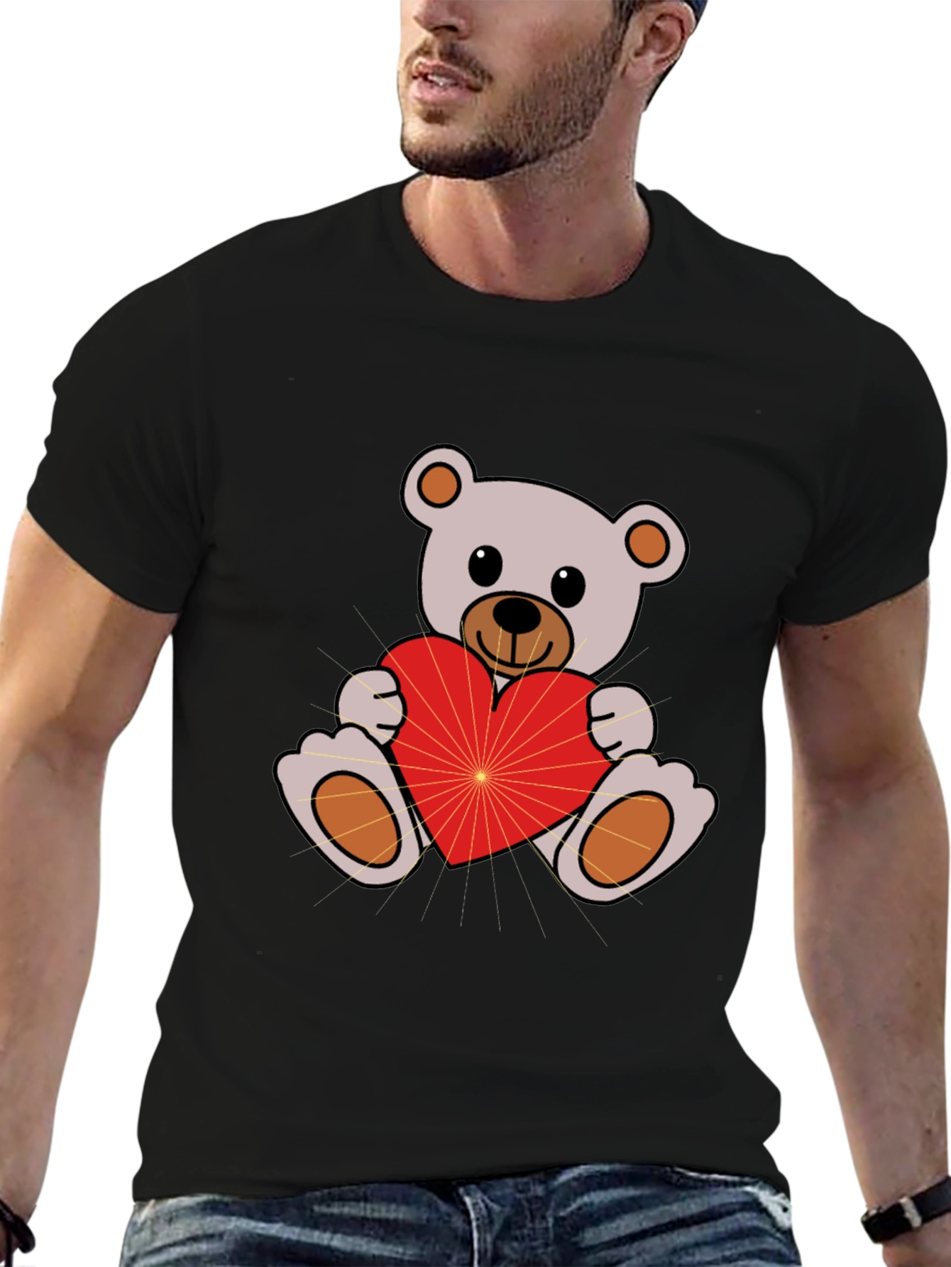 Cute Teddy Bear Holding Heart Black T-Shirt