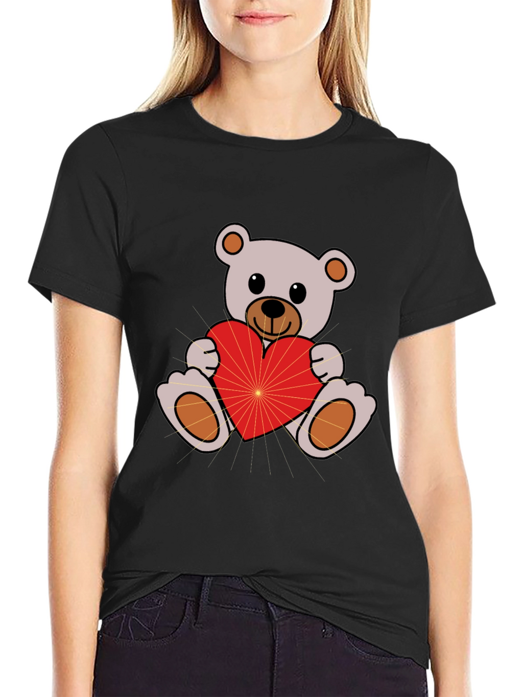 Cute Teddy Bear Holding Heart Black T-Shirt