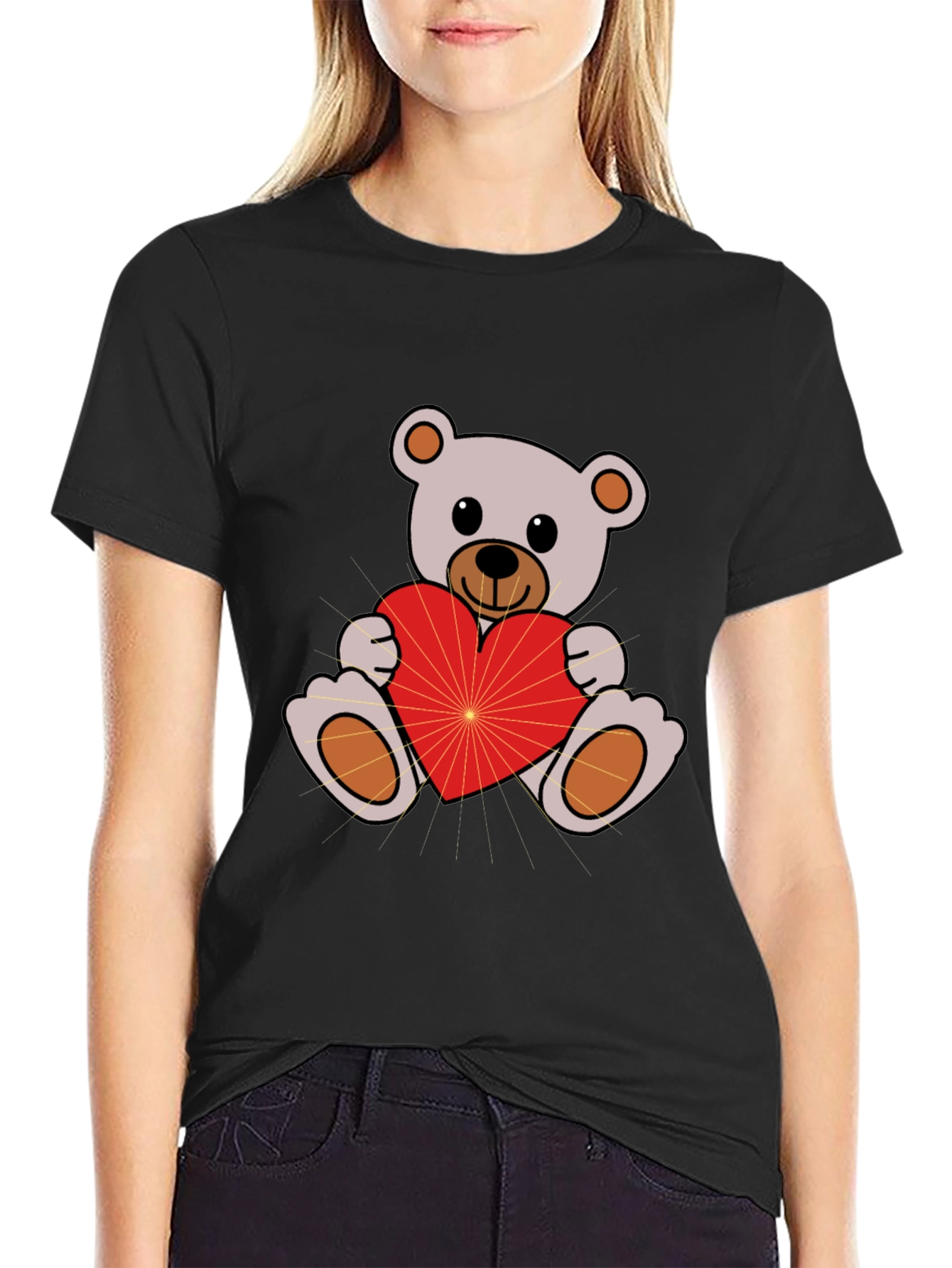 Cute Teddy Bear Holding Heart Black T-Shirt
