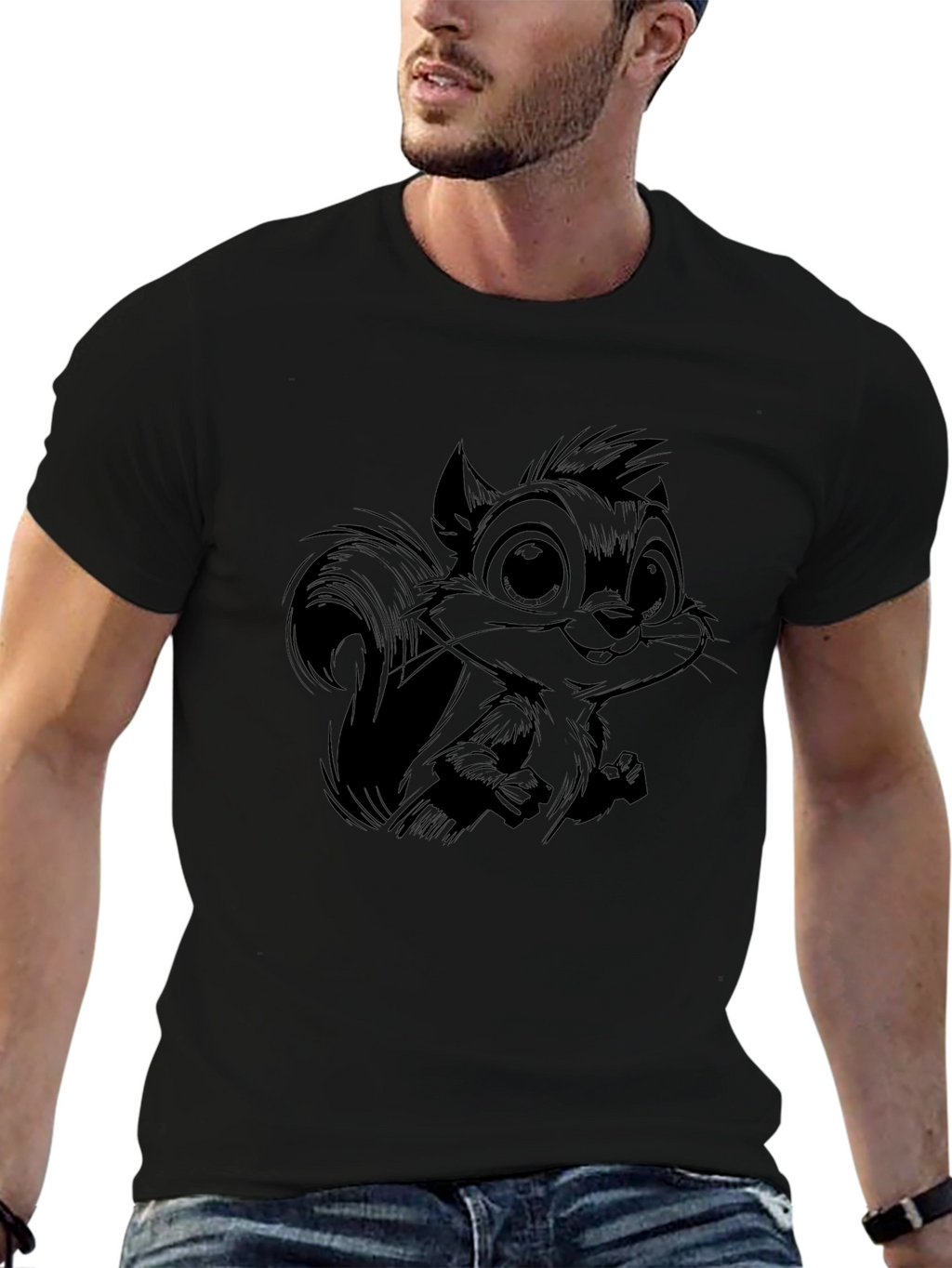 Cartoon Squirrel Graphic Black T-Shirt