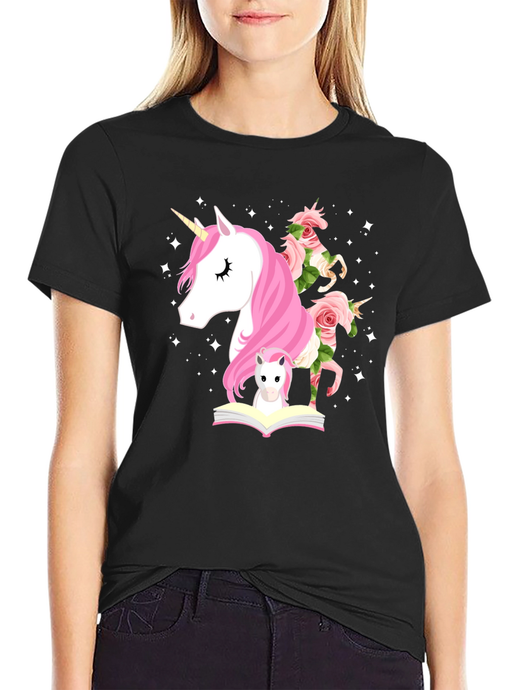 Unicorn & Flowers Graphic Black Tee