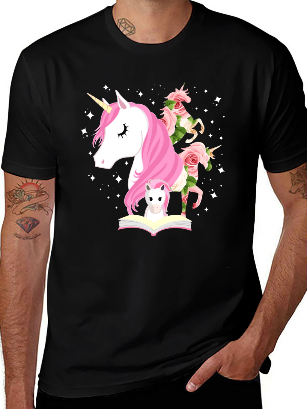 Unicorn & Flowers Graphic Black Tee