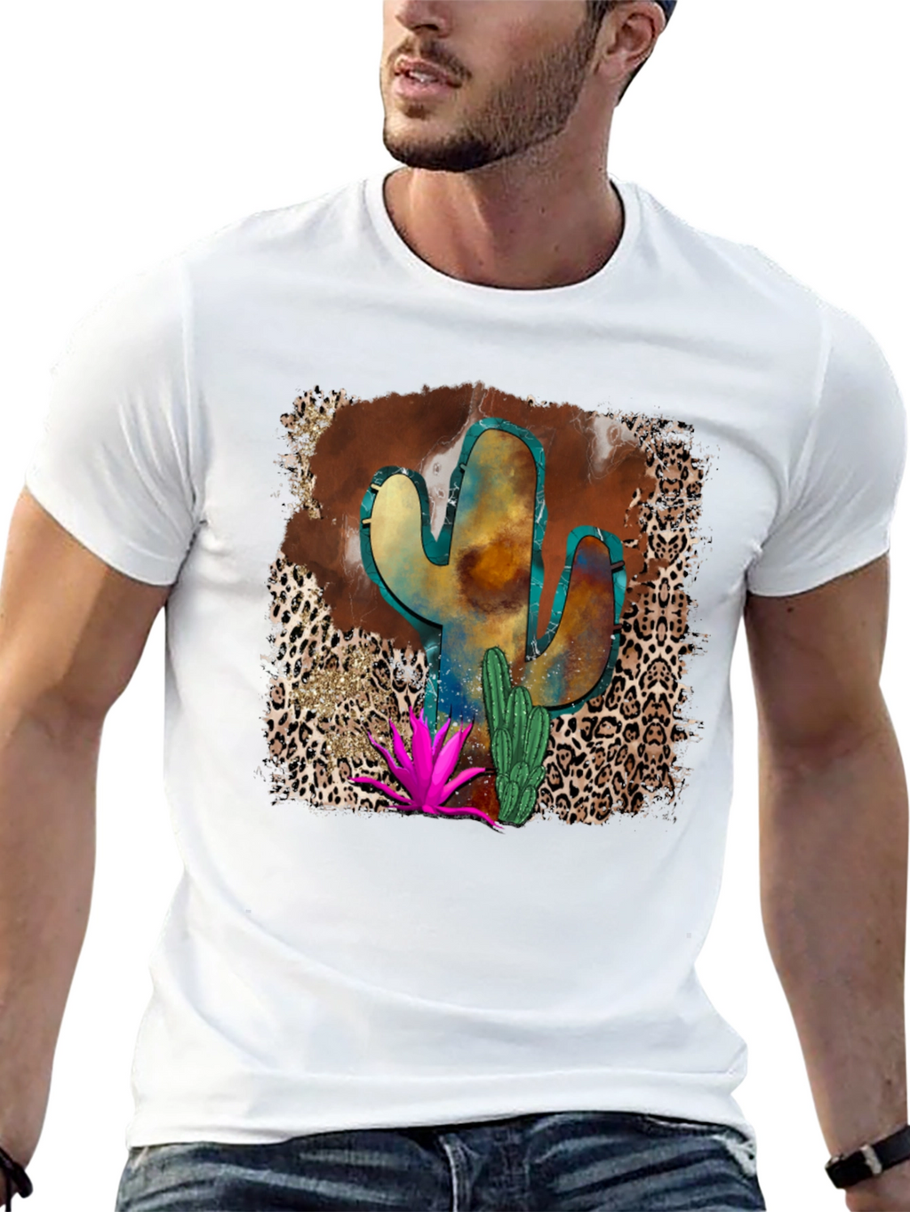 Cactus Desert Leopard Print Mens T-Shirt