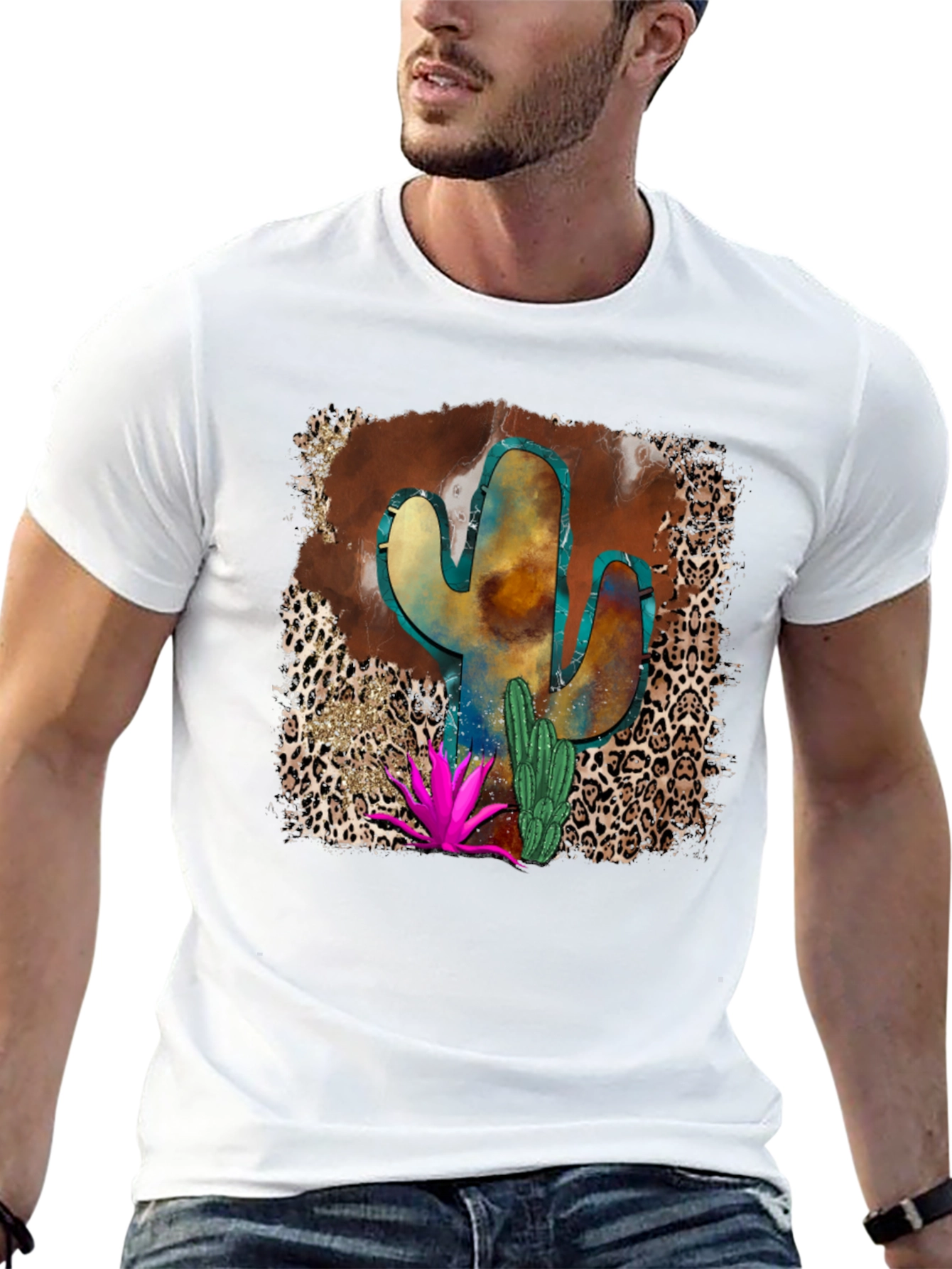Cactus Desert Leopard Print Mens T-Shirt