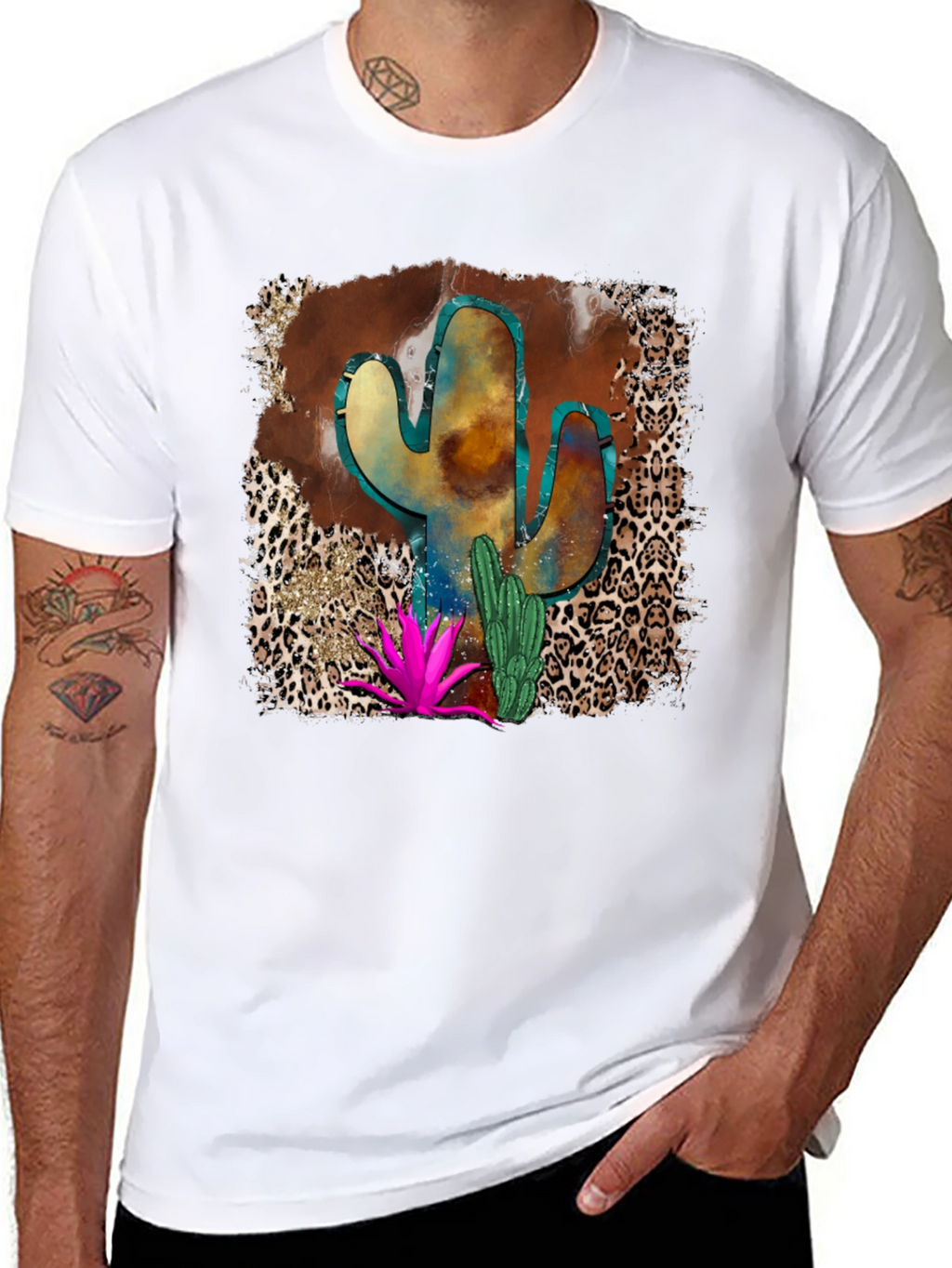 Cactus Desert Leopard Print Mens T-Shirt