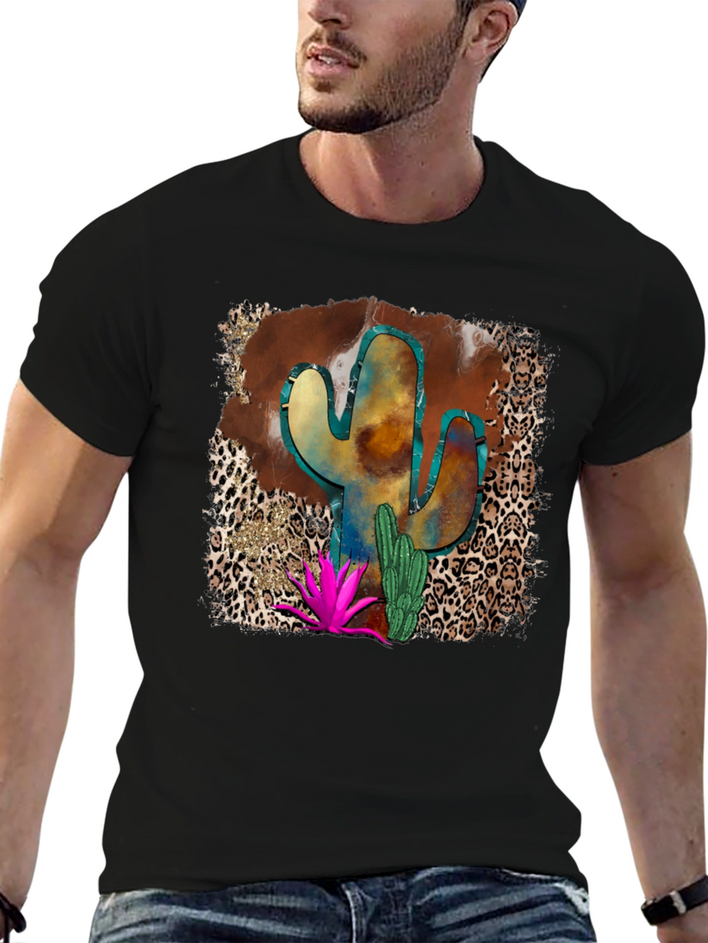 Cactus Desert Leopard Print Mens T-Shirt