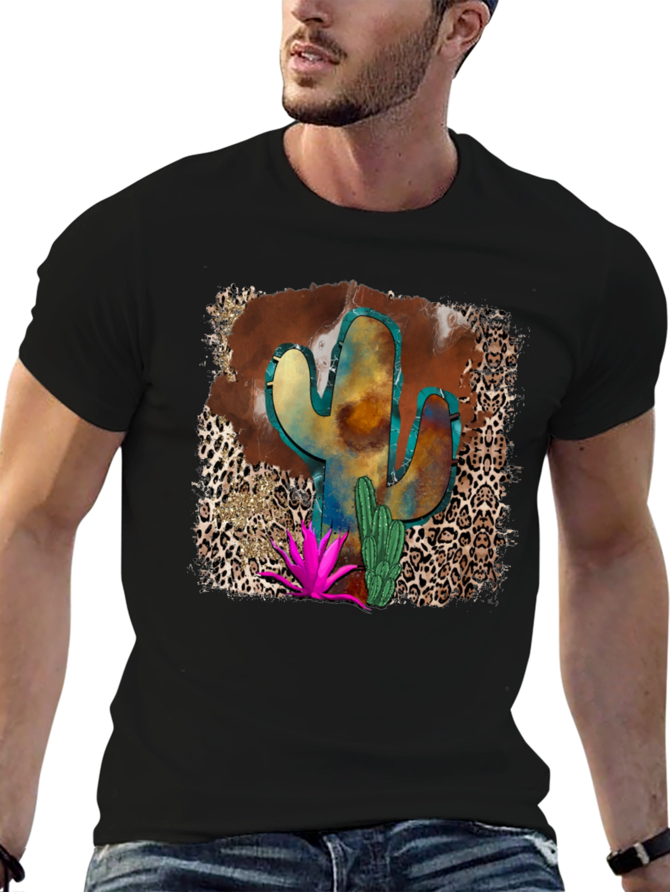 Cactus Desert Leopard Print Mens T-Shirt