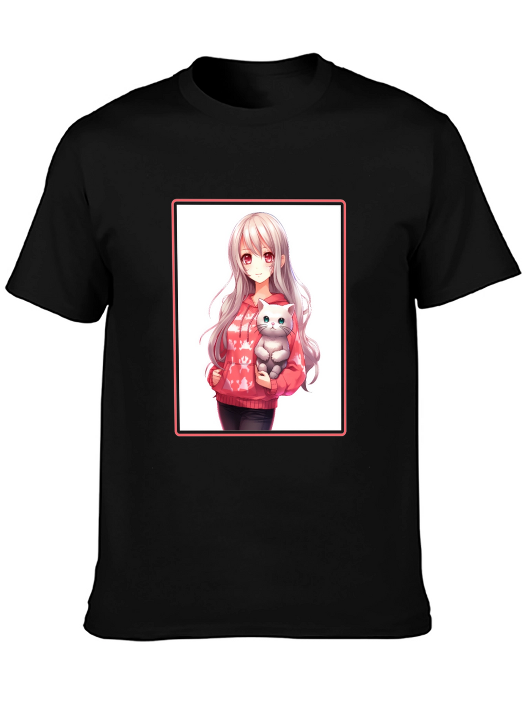 Anime Girl & Cat Black T-Shirt