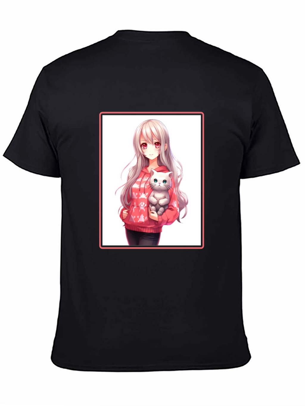 Anime Girl & Cat Black T-Shirt