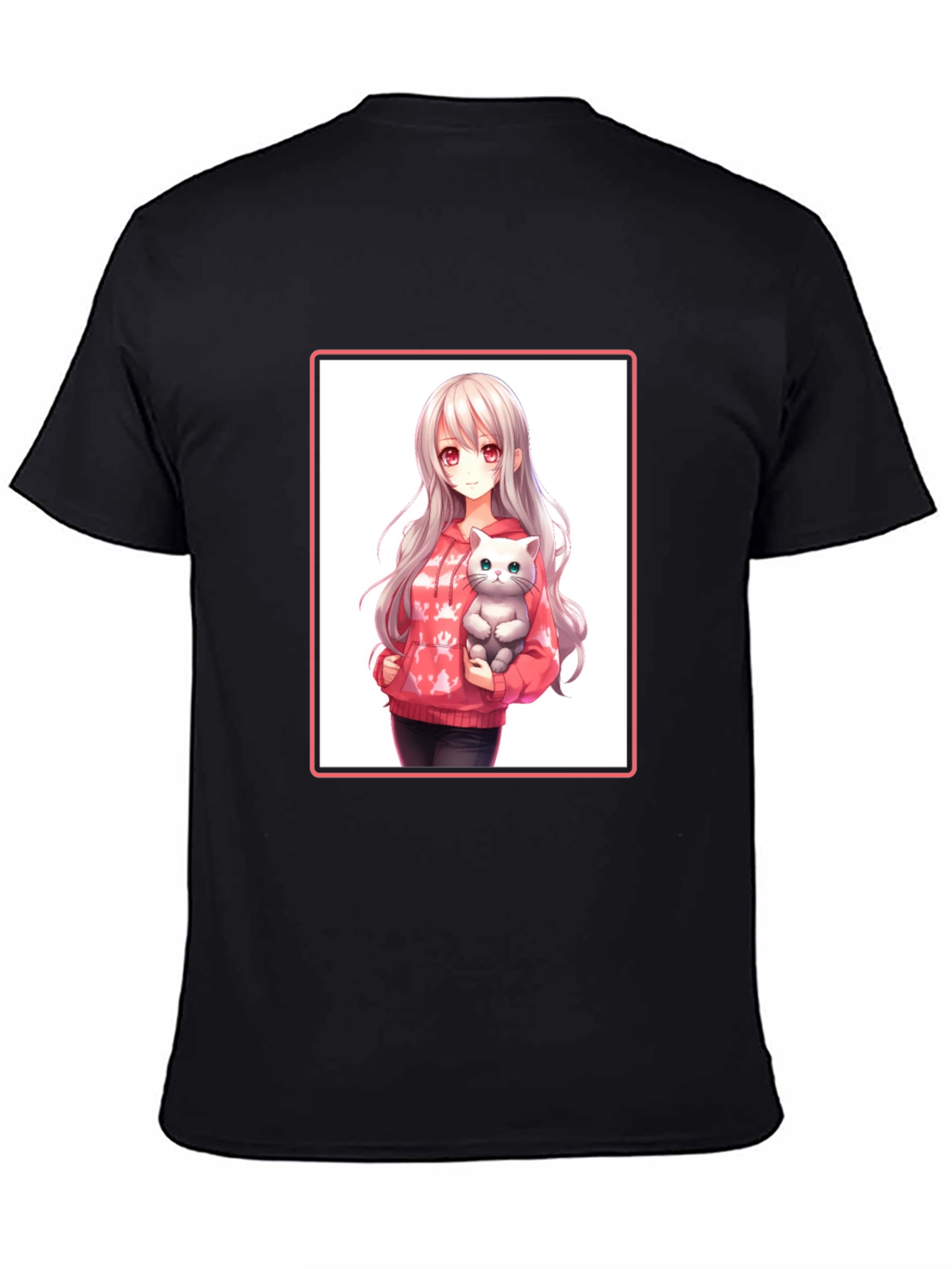 Anime Girl & Cat Black T-Shirt