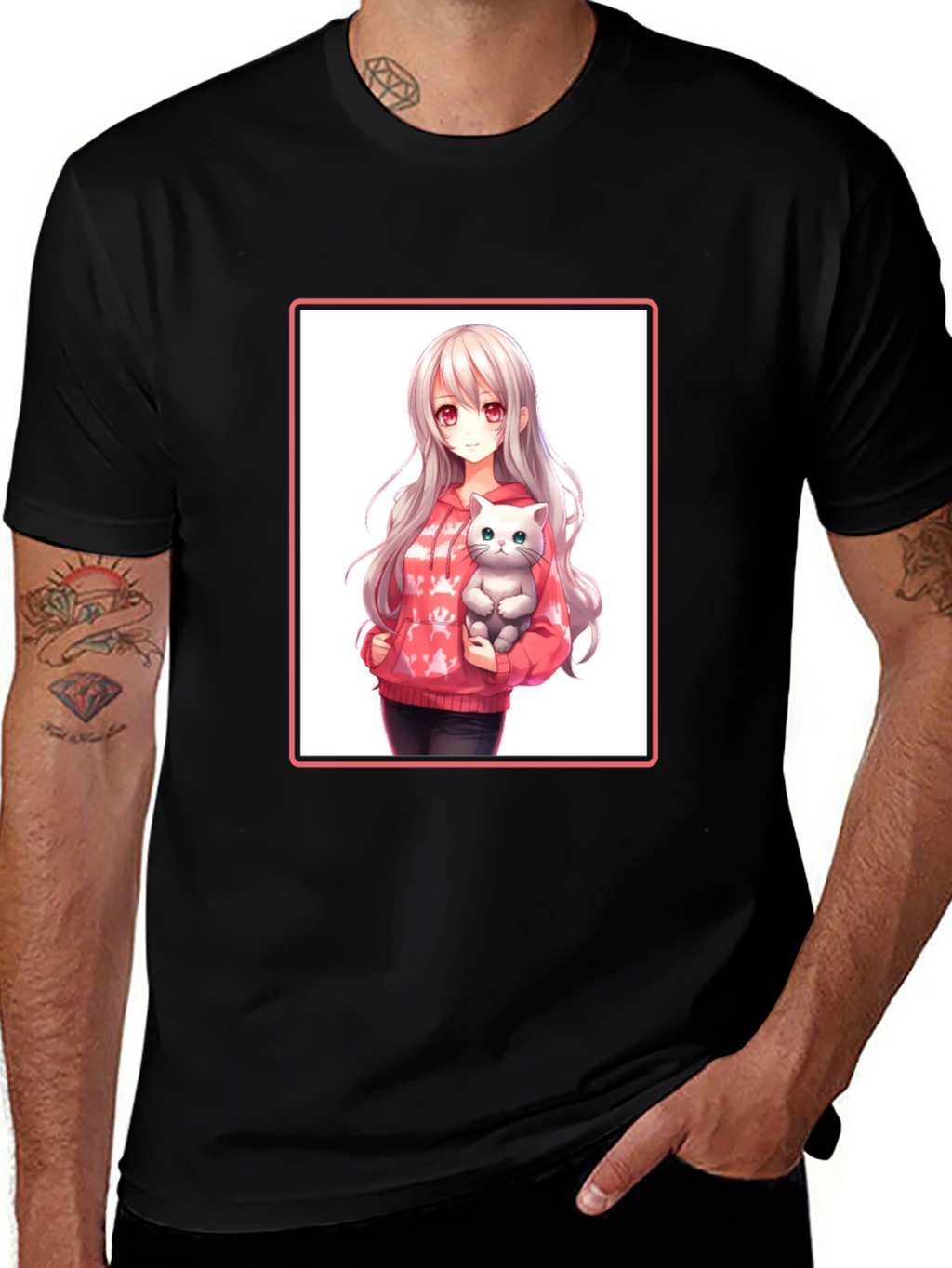 Anime Girl & Cat Black T-Shirt