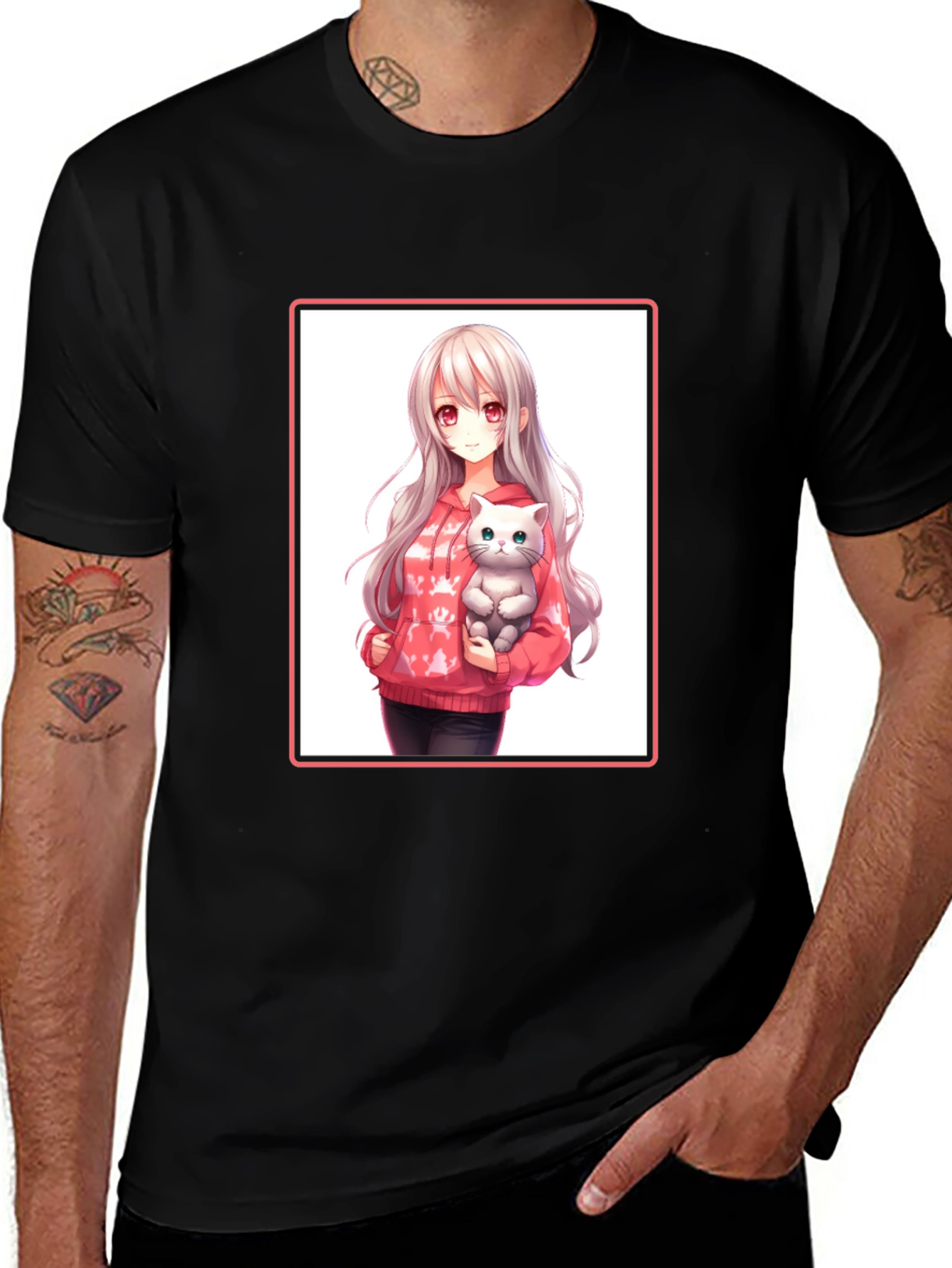 Anime Girl & Cat Black T-Shirt