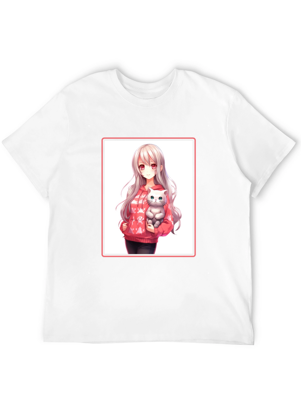 Anime Girl & Cat Black T-Shirt