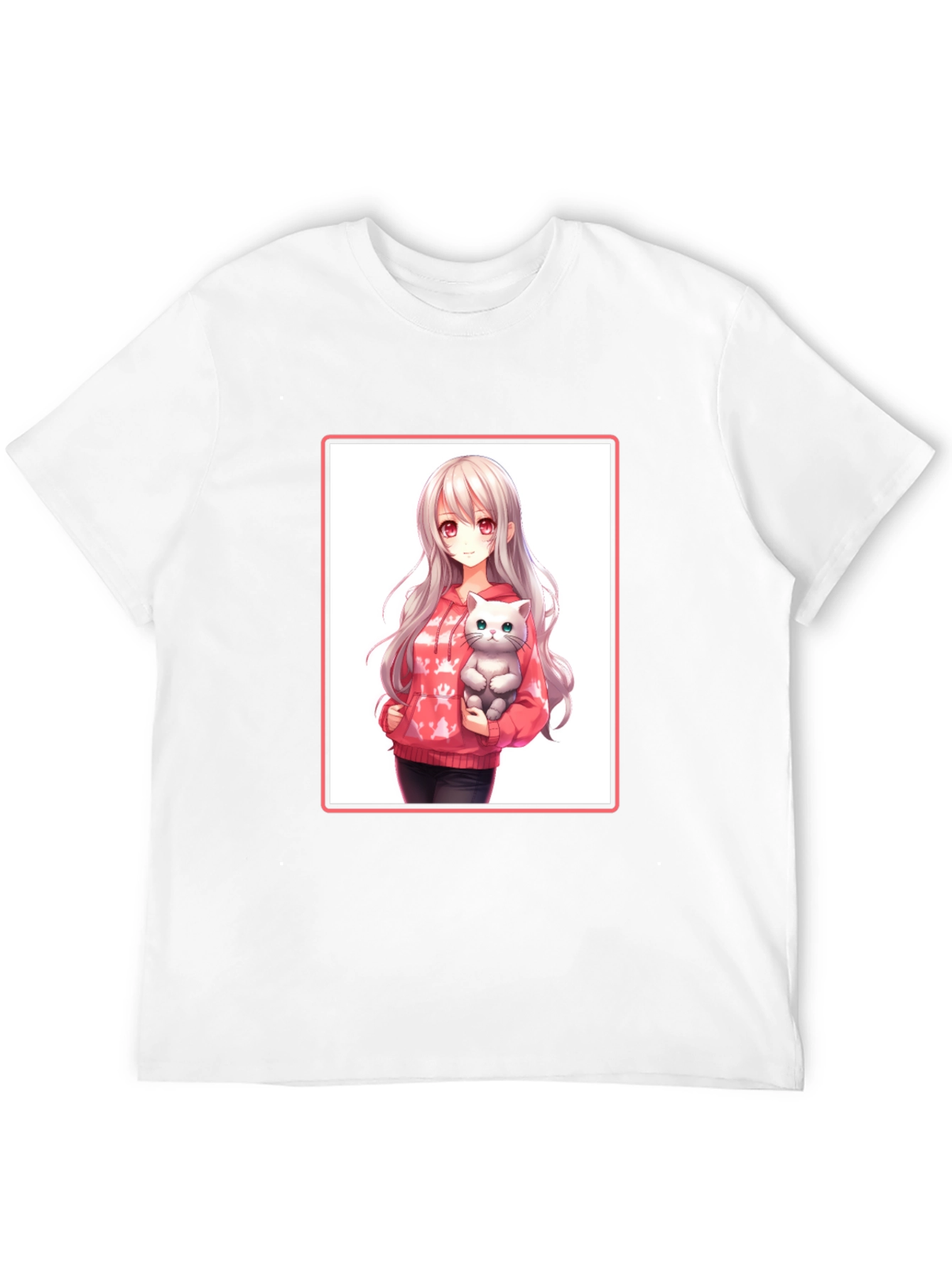 Anime Girl & Cat Black T-Shirt