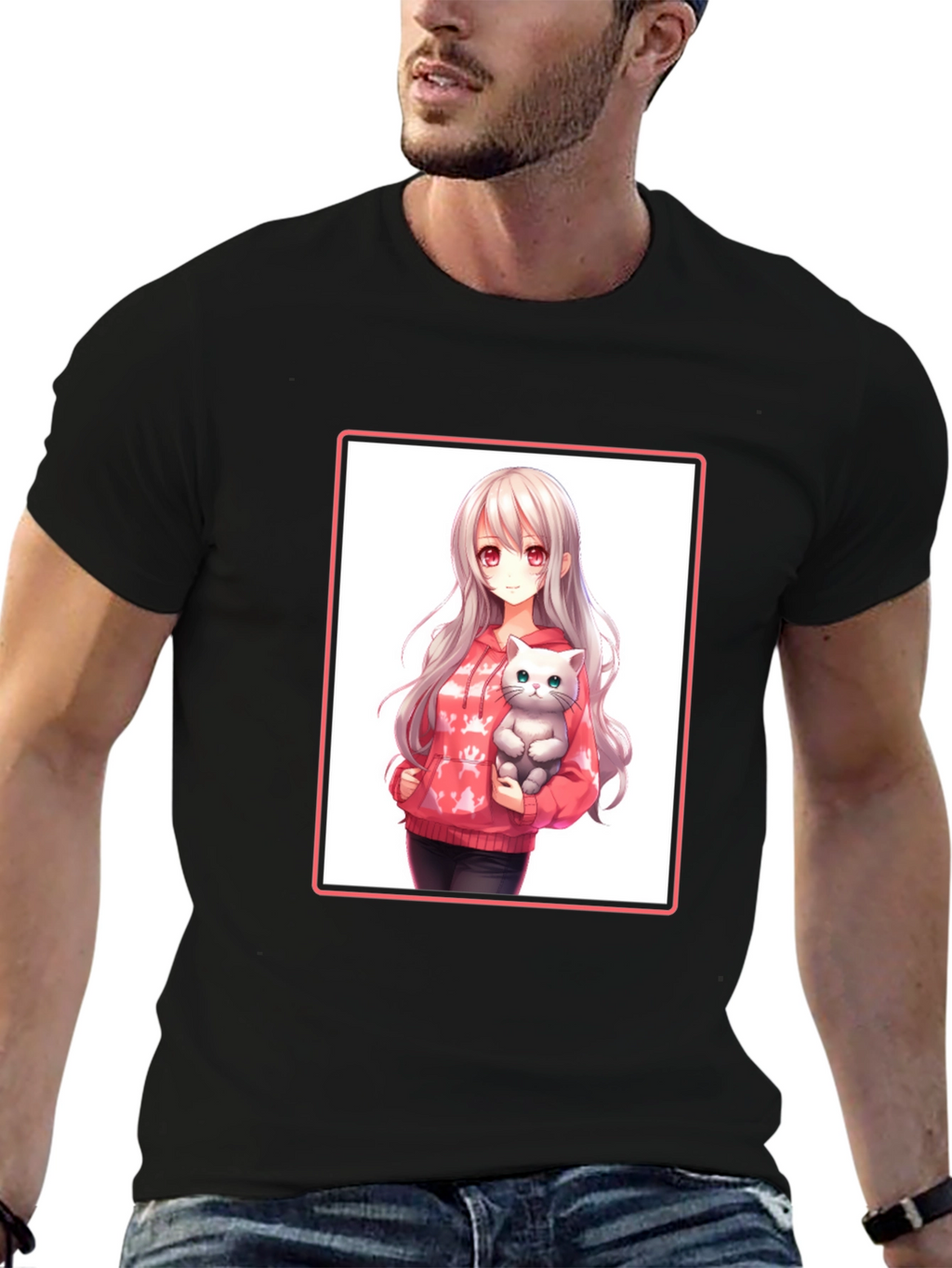 Anime Girl & Cat Black T-Shirt