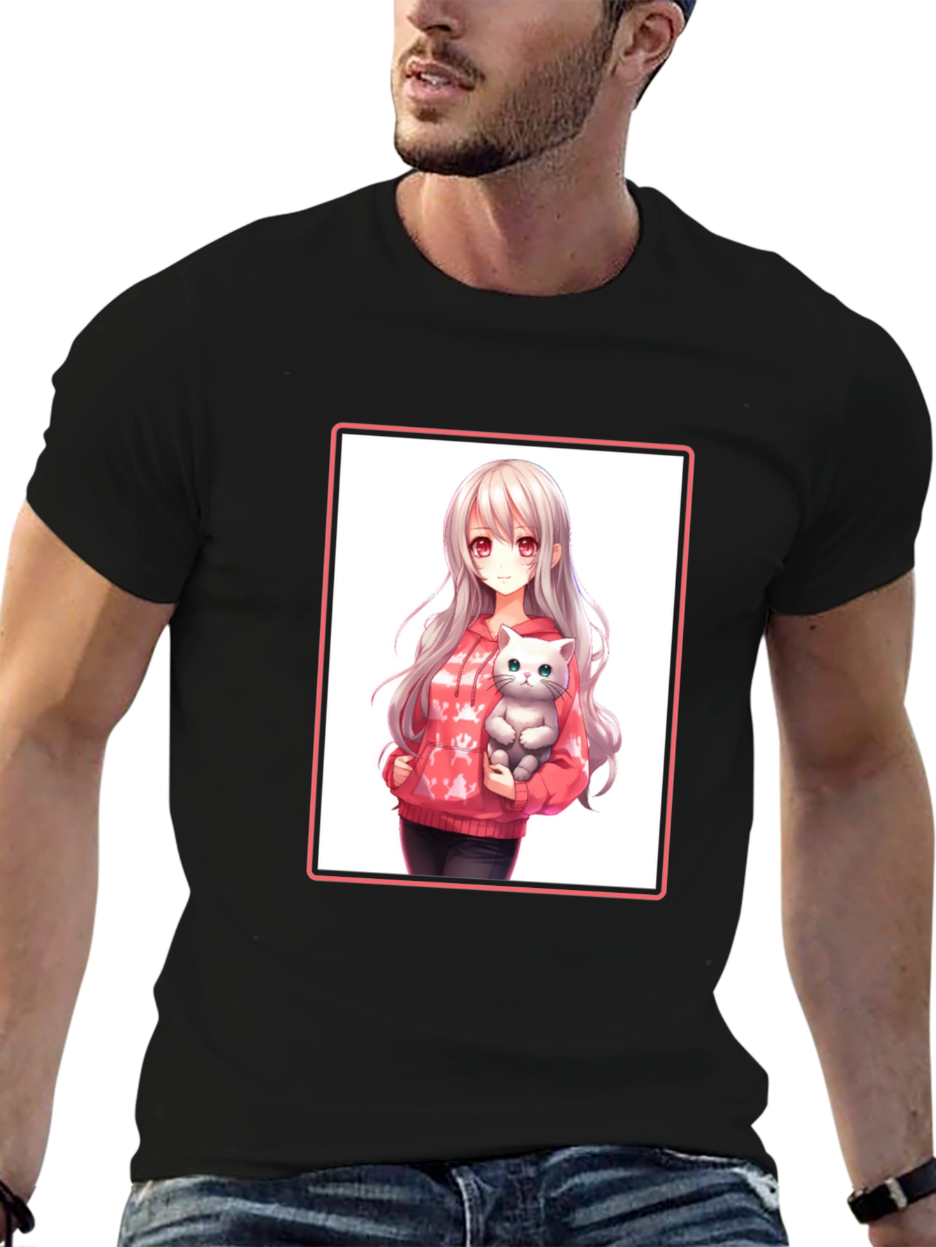 Anime Girl & Cat Black T-Shirt